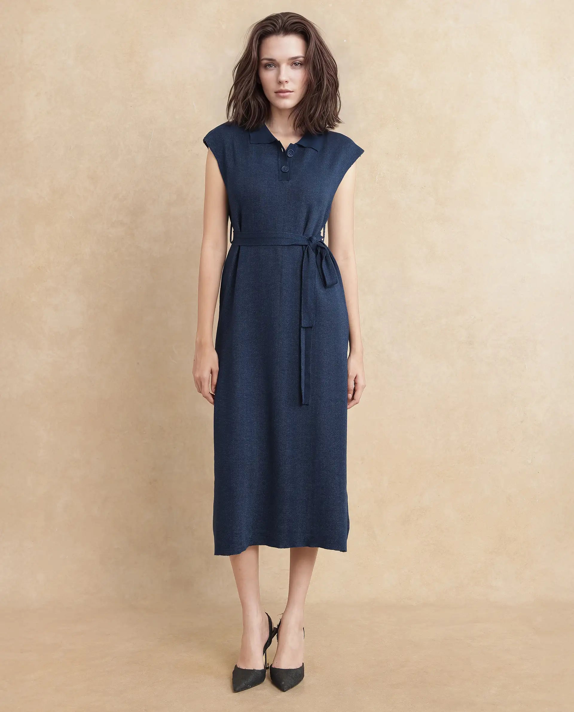 Rareism Women Bhize Navy Viscose Blend Fabric Sleeve Less Straight Fit Dress