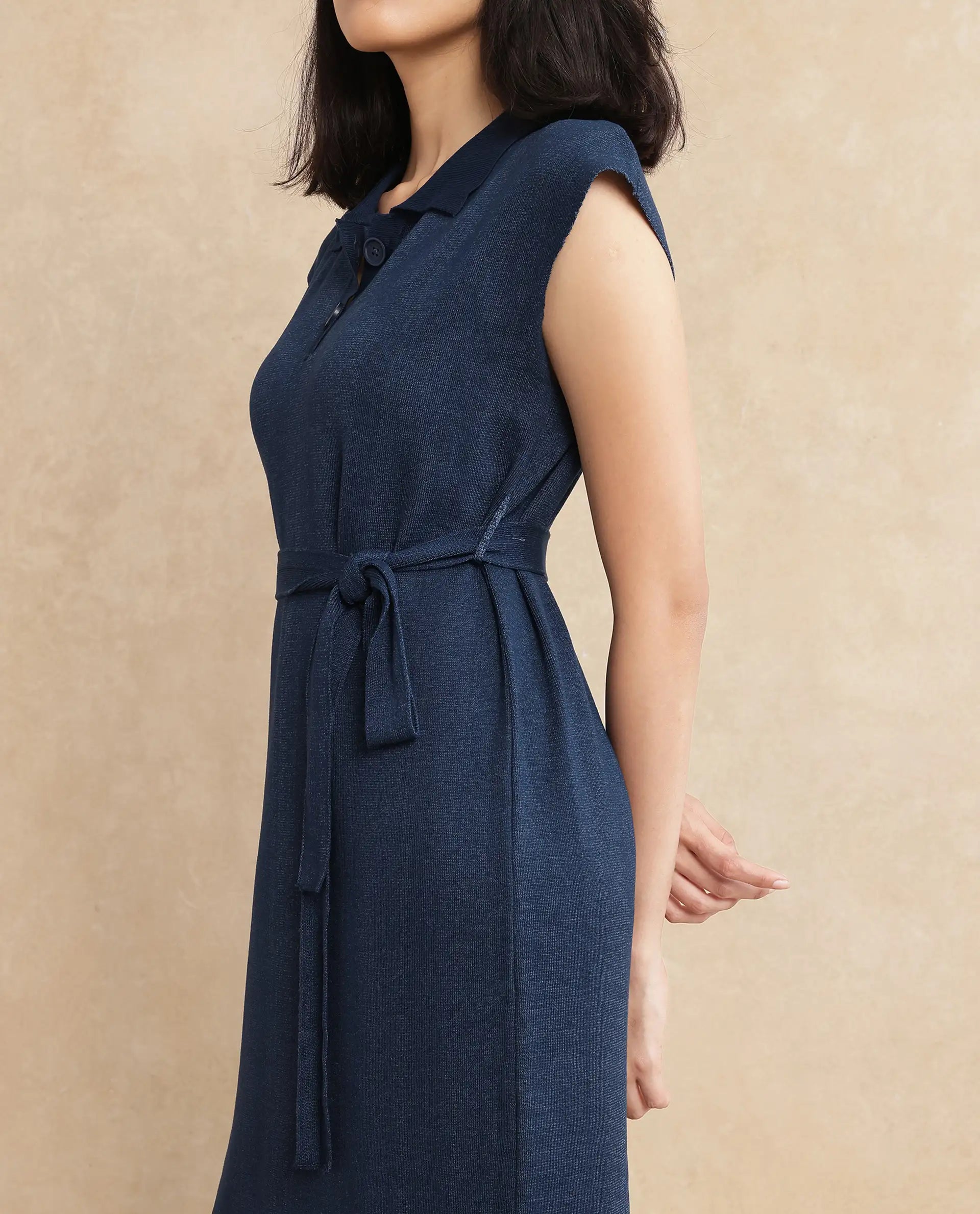 Rareism Women Bhize Navy Viscose Blend Fabric Sleeve Less Straight Fit Dress