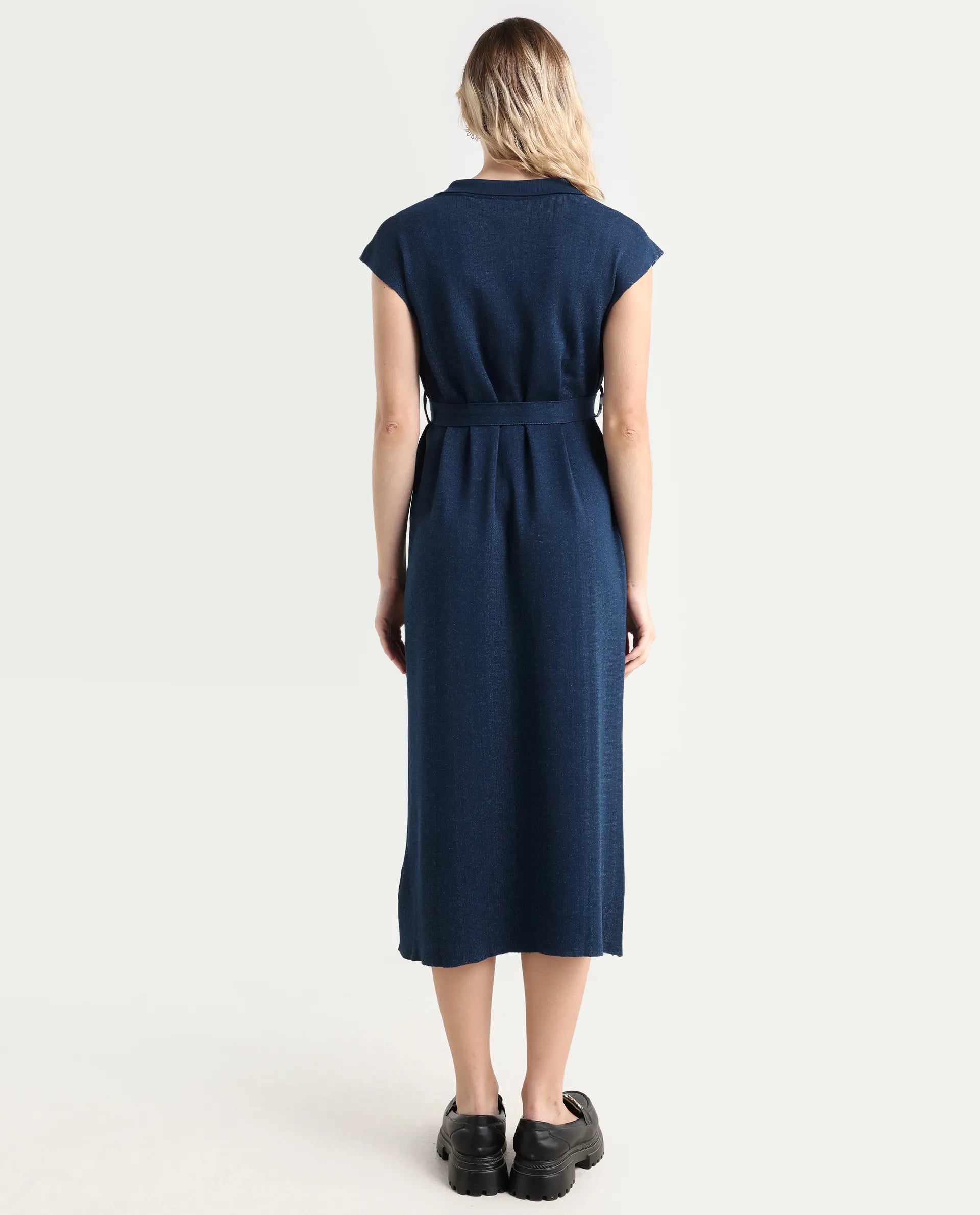Rareism Women's Bhize Navy Cotton Spread Collar Plain Extended Sleeves Midi Straight Fit Dress