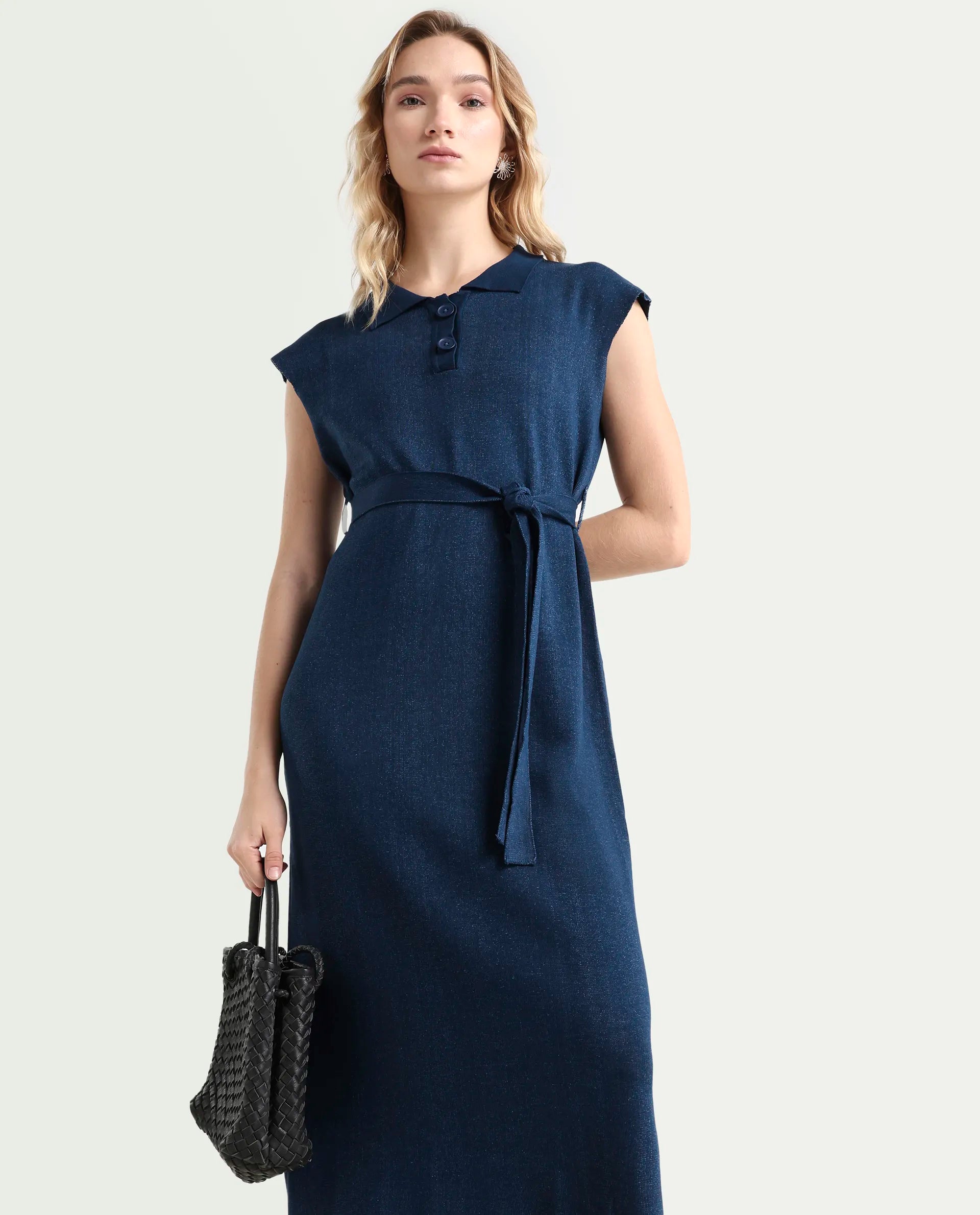 Rareism Women's Bhize Navy Cotton Spread Collar Plain Extended Sleeves Midi Straight Fit Dress