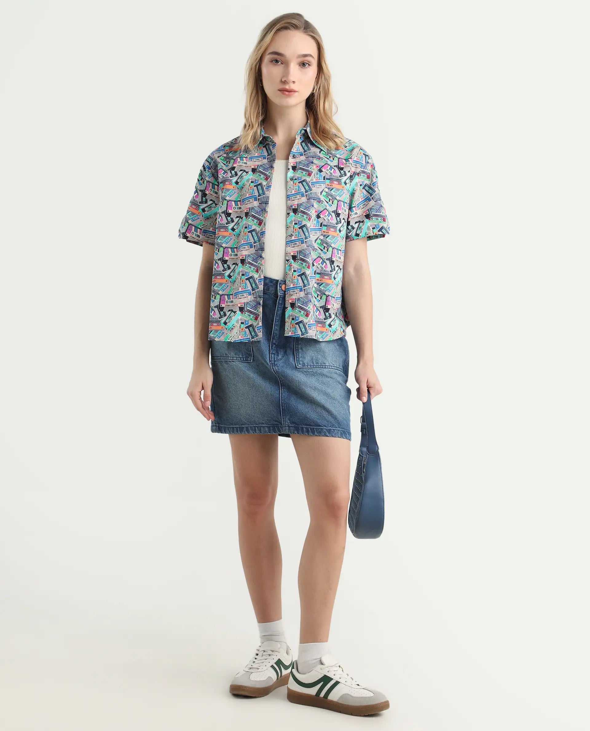 Rareism Women's Bhx Multi Cotton Drop Collar Object Print Regular Fit Shirt