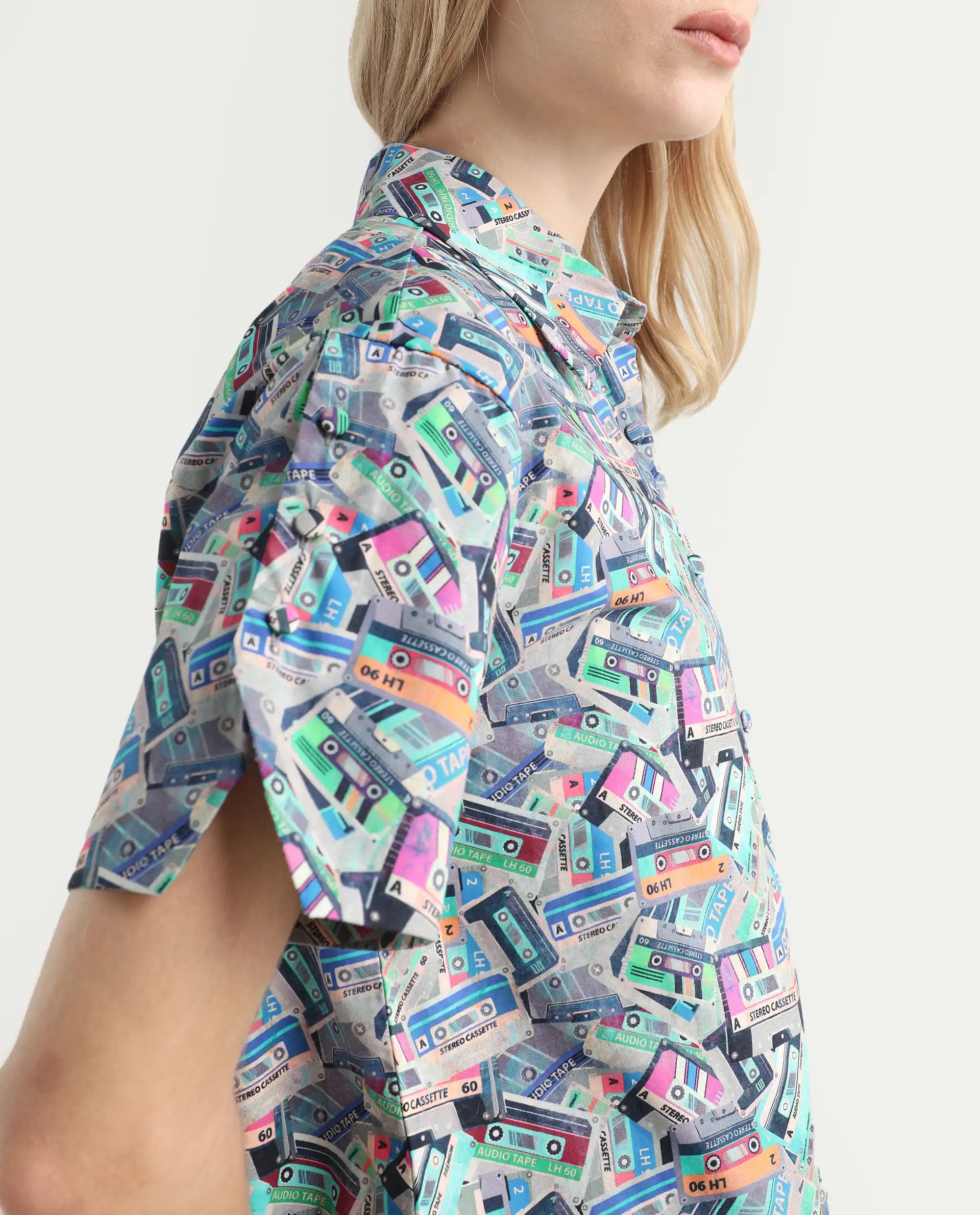 Rareism Women's Bhx Multi Cotton Drop Collar Object Print Regular Fit Shirt