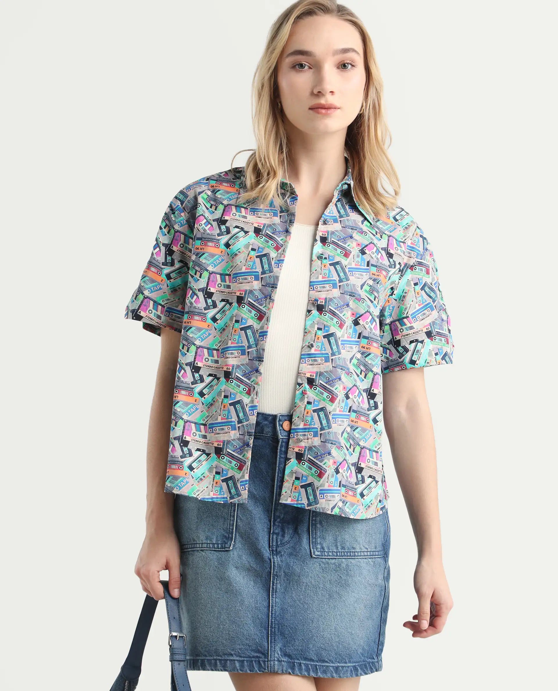 Rareism Women's Bhx Multi Cotton Drop Collar Object Print Regular Fit Shirt