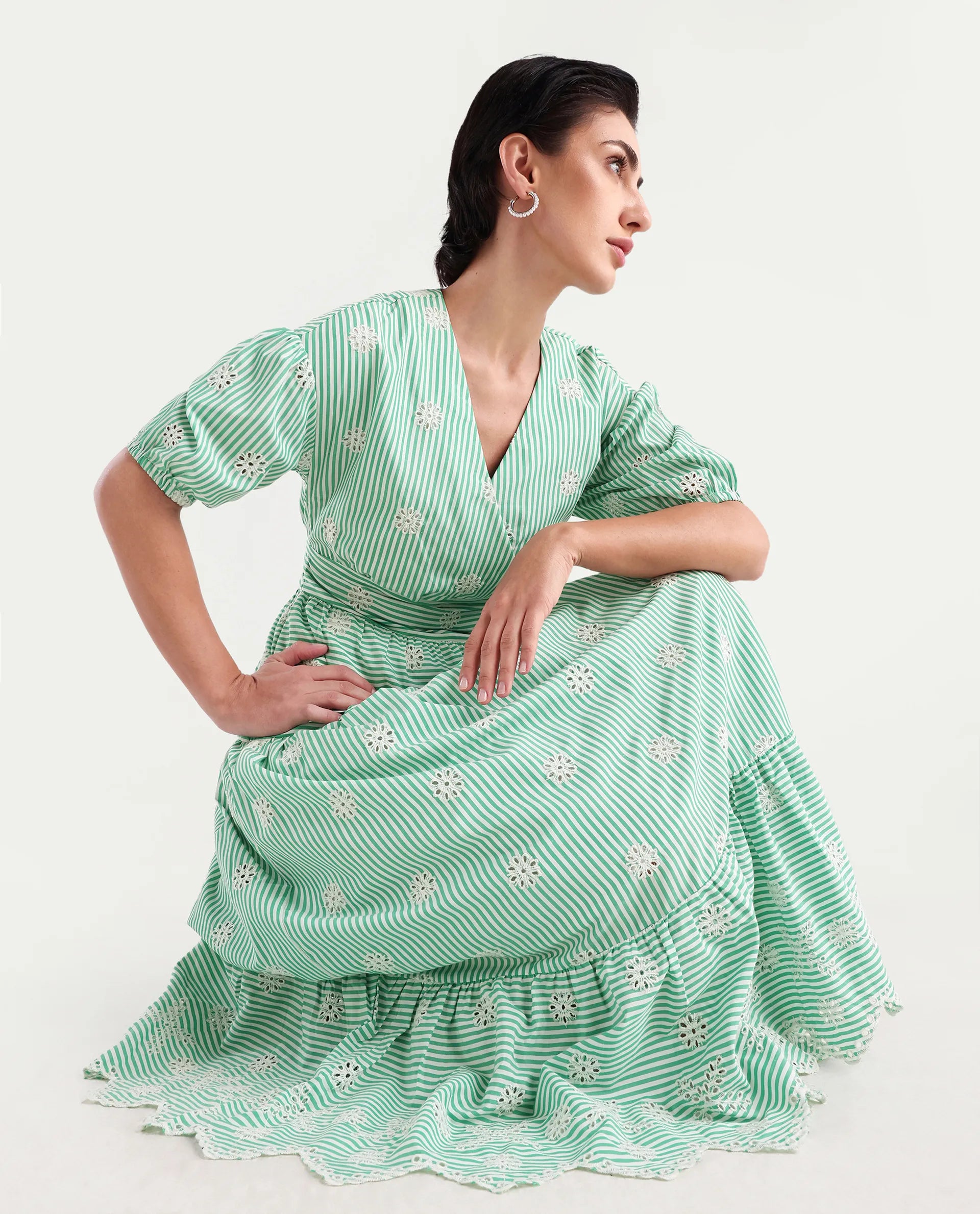 Rareism Women's Bhyrin Light Green Cotton V-Neck Striped Puff Sleeves Maxi Fit And Flare Dress