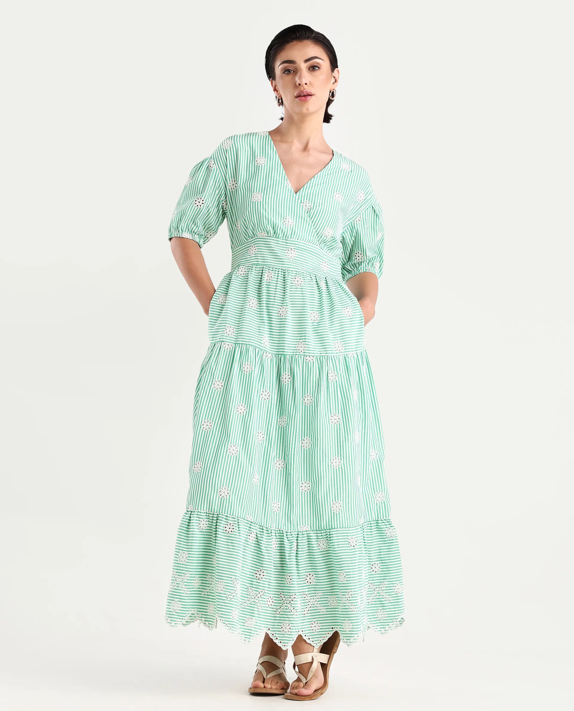Rareism Women's Bhyrin Light Green Cotton V-Neck Striped Puff Sleeves Maxi Fit And Flare Dress