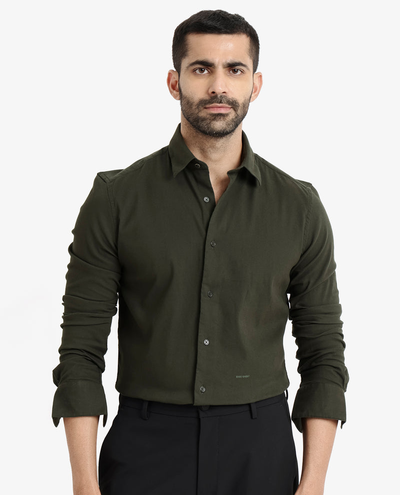 Rare Rabbit Men's Bicton Dark Green Cotton Lycra Fabric Full Sleeves Solid Twill Shirt