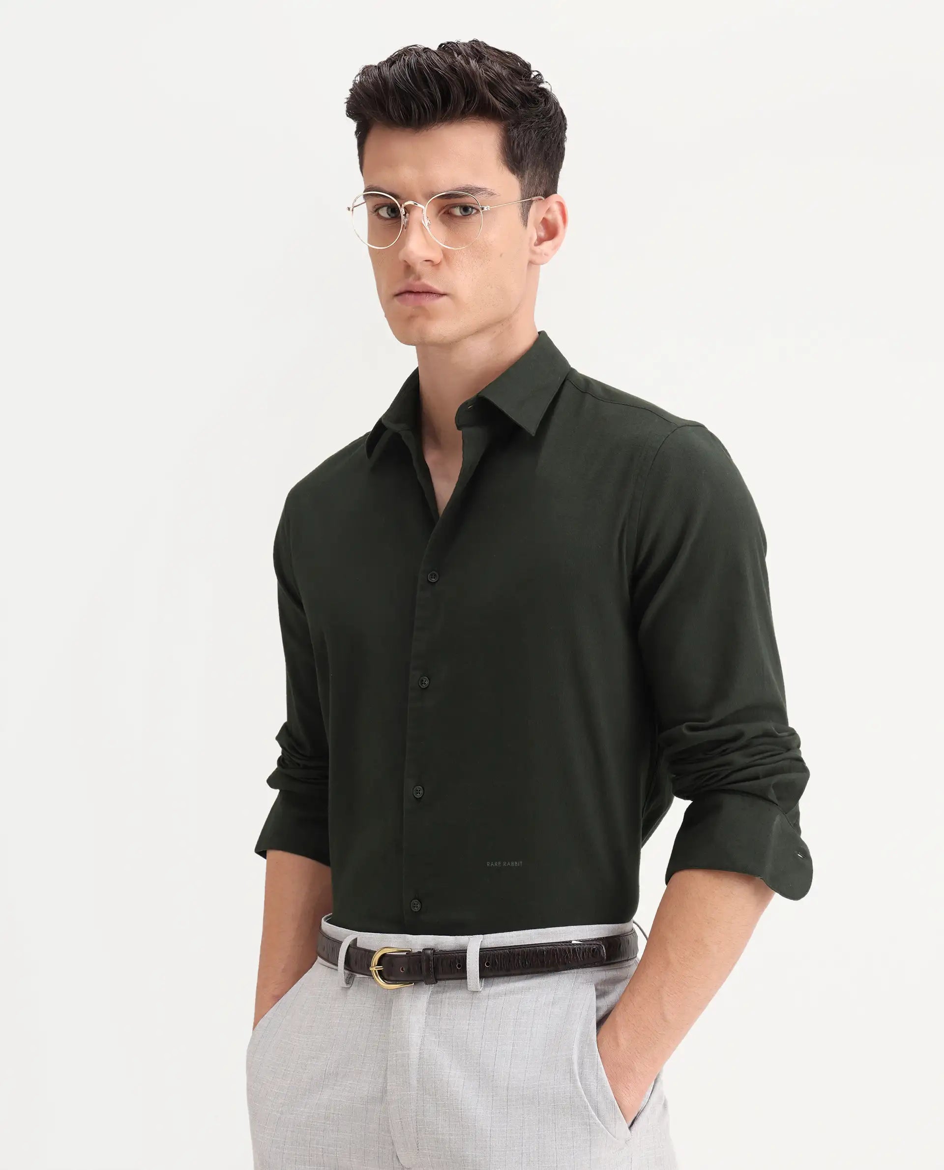 Rare Rabbit Men's Bicton Dark Green Cotton Plain Regular Fit Full Sleeve Collared Shirt