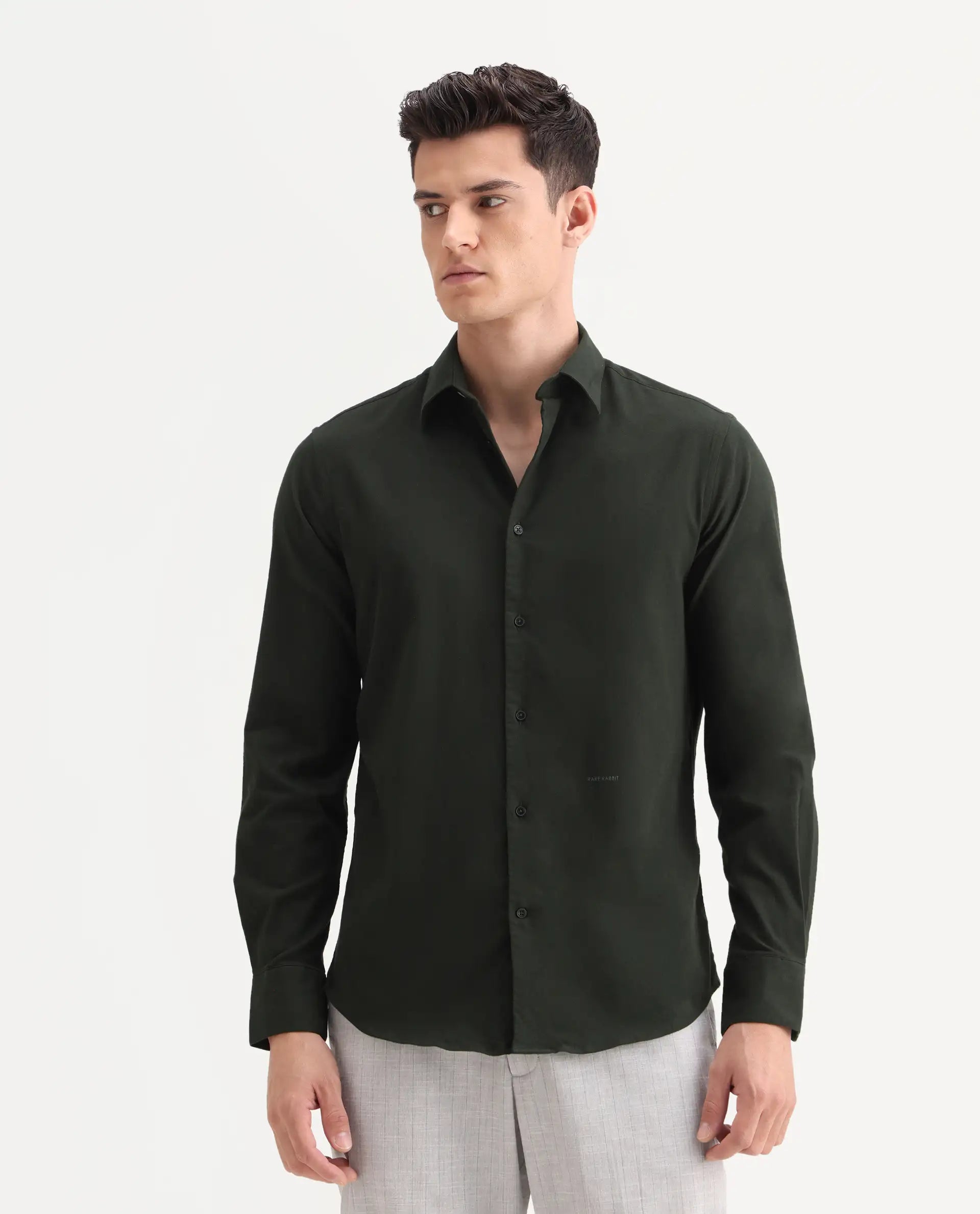 Rare Rabbit Men's Bicton Dark Green Cotton Plain Regular Fit Full Sleeve Collared Shirt