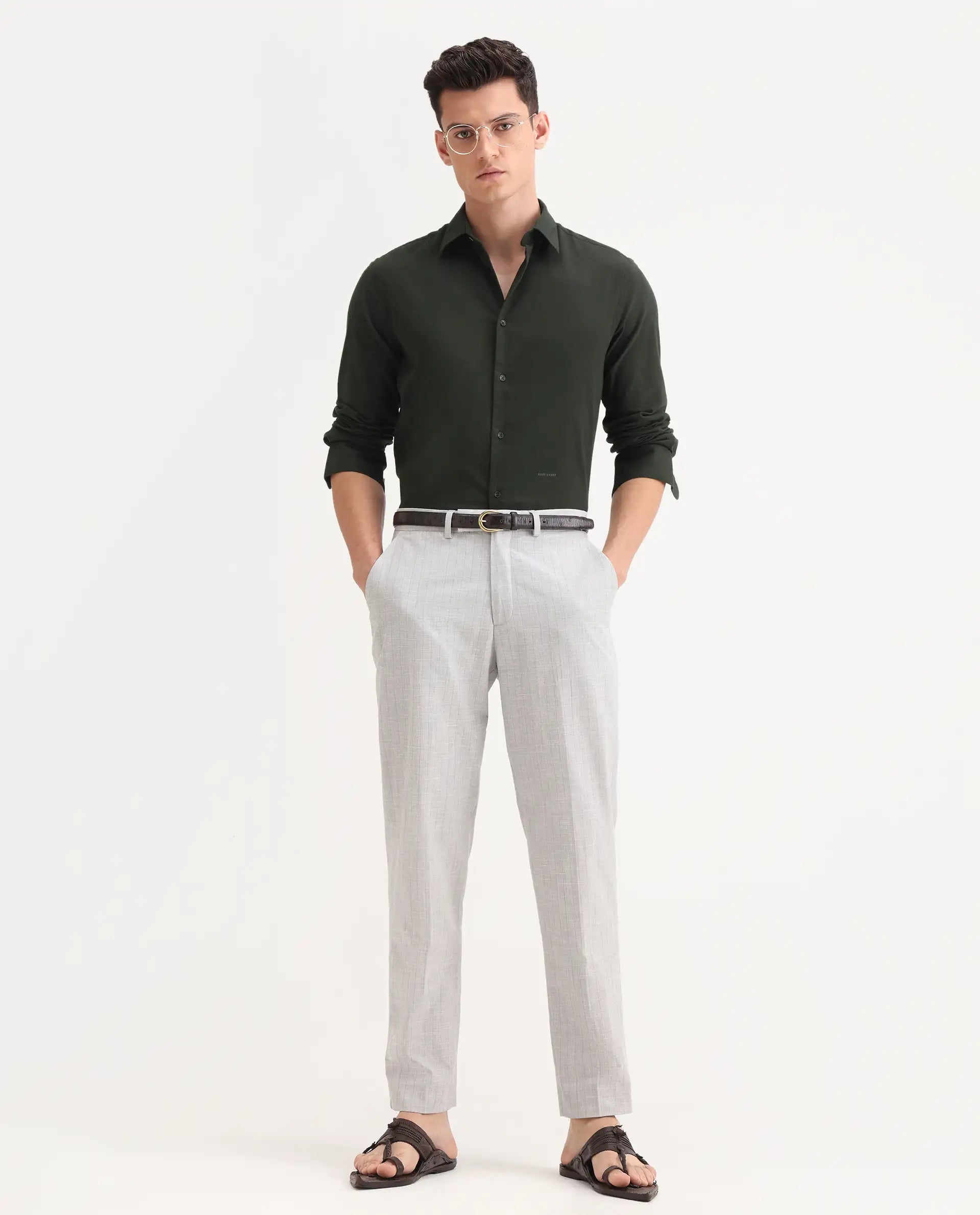 Rare Rabbit Men's Bicton Dark Green Cotton Plain Regular Fit Full Sleeve Collared Shirt