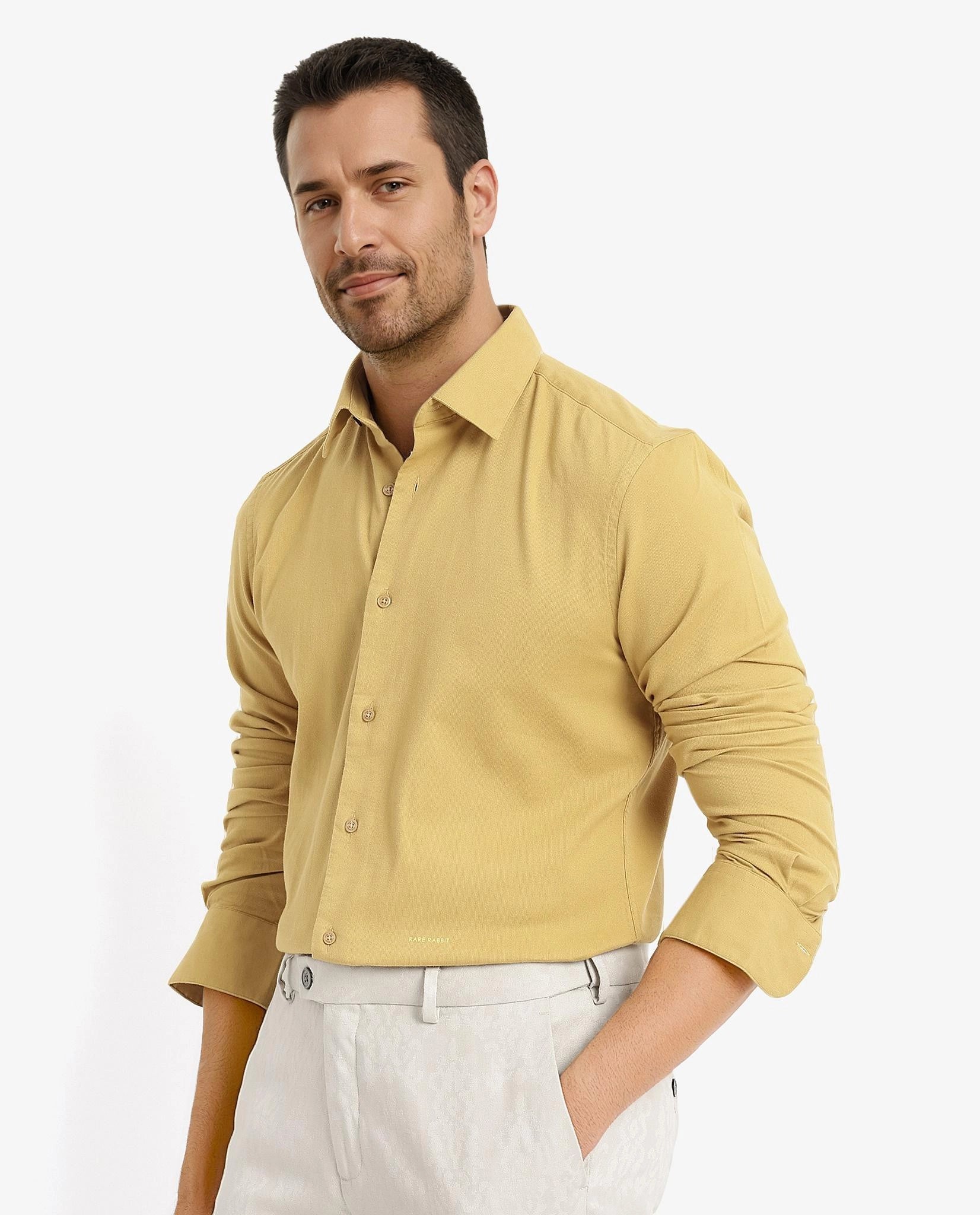 Rare Rabbit Men's Bicton Mustard Cotton Lycra Fabric Full Sleeves Solid Twill Shirt