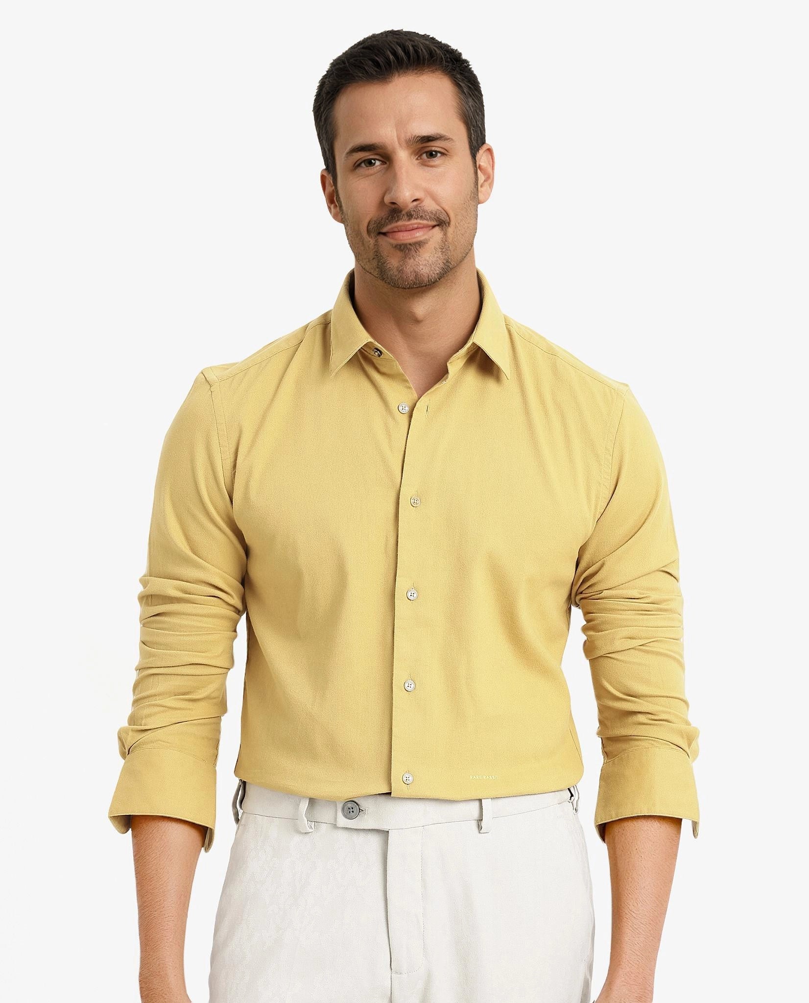 Rare Rabbit Men's Bicton Mustard Cotton Lycra Fabric Full Sleeves Solid Twill Shirt