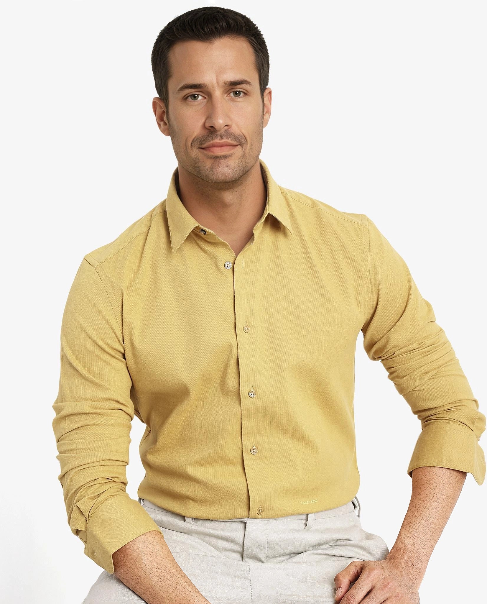 Rare Rabbit Men's Bicton Mustard Cotton Lycra Fabric Full Sleeves Solid Twill Shirt