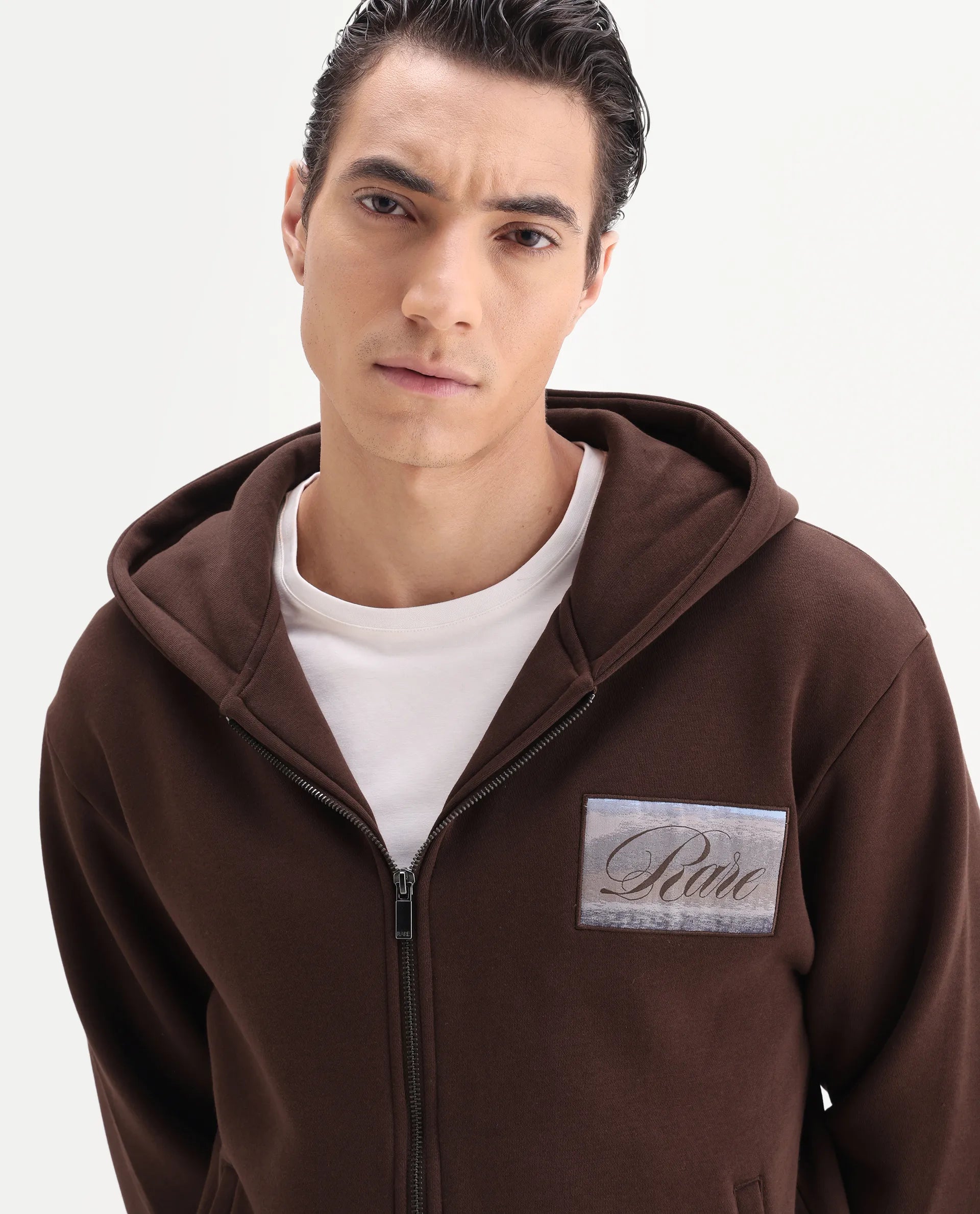 Rare Rabbit Men's Bien Dark Brown Cotton Blend Fabric Full Sleeves Hooded Zipper Closure Label Print Sweatshirt