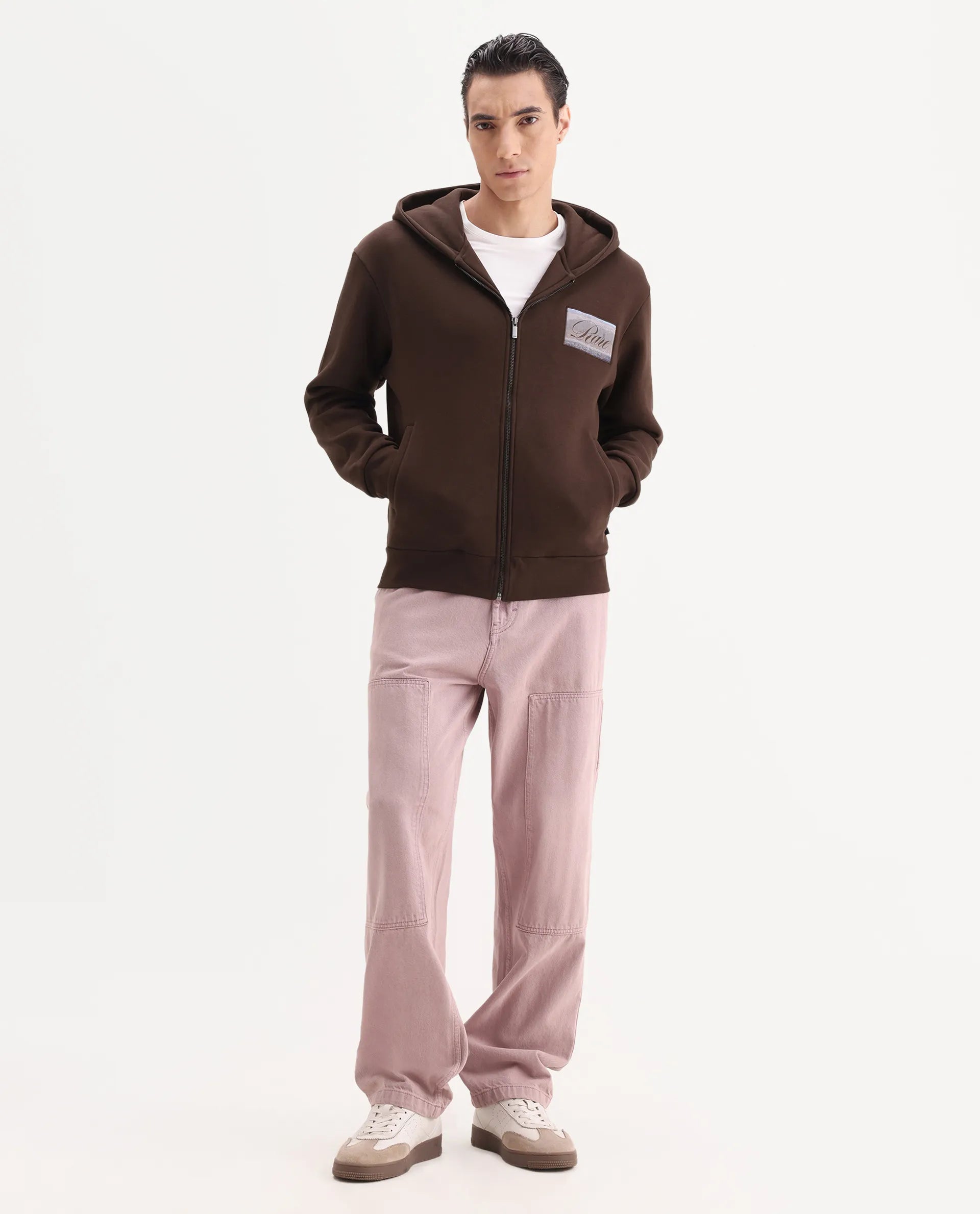 Rare Rabbit Men's Bien Dark Brown Cotton Blend Fabric Full Sleeves Hooded Zipper Closure Label Print Sweatshirt