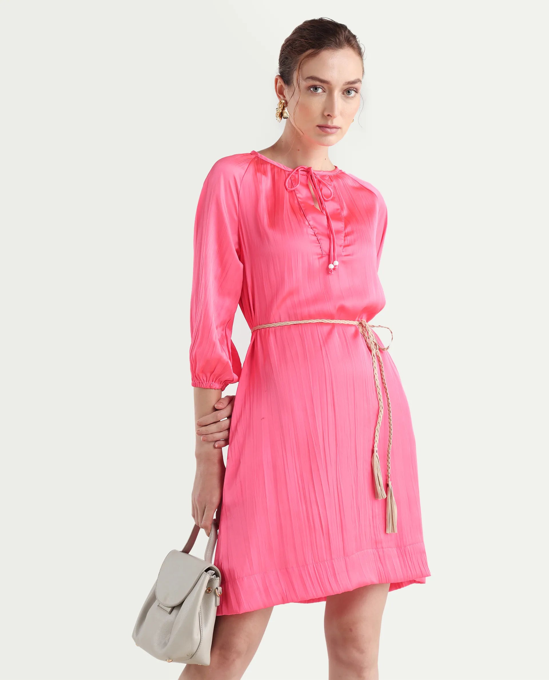 Rareism Women's Biere Flouroscent Pink Polyester Tie-Up Neck Plain Raglan Sleeve Mini Relaxed Fit Dress