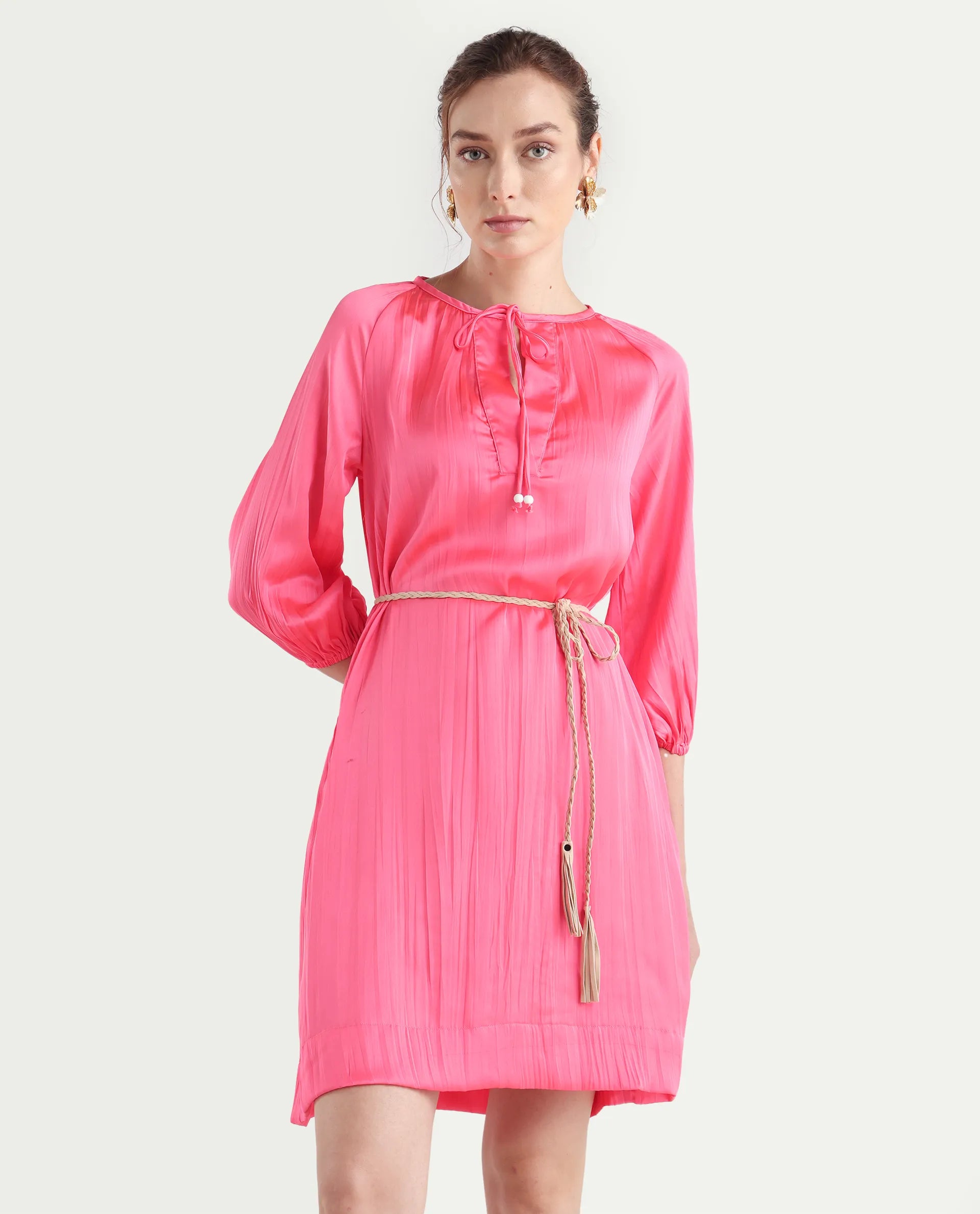 Rareism Women's Biere Flouroscent Pink Polyester Tie-Up Neck Plain Raglan Sleeve Mini Relaxed Fit Dress