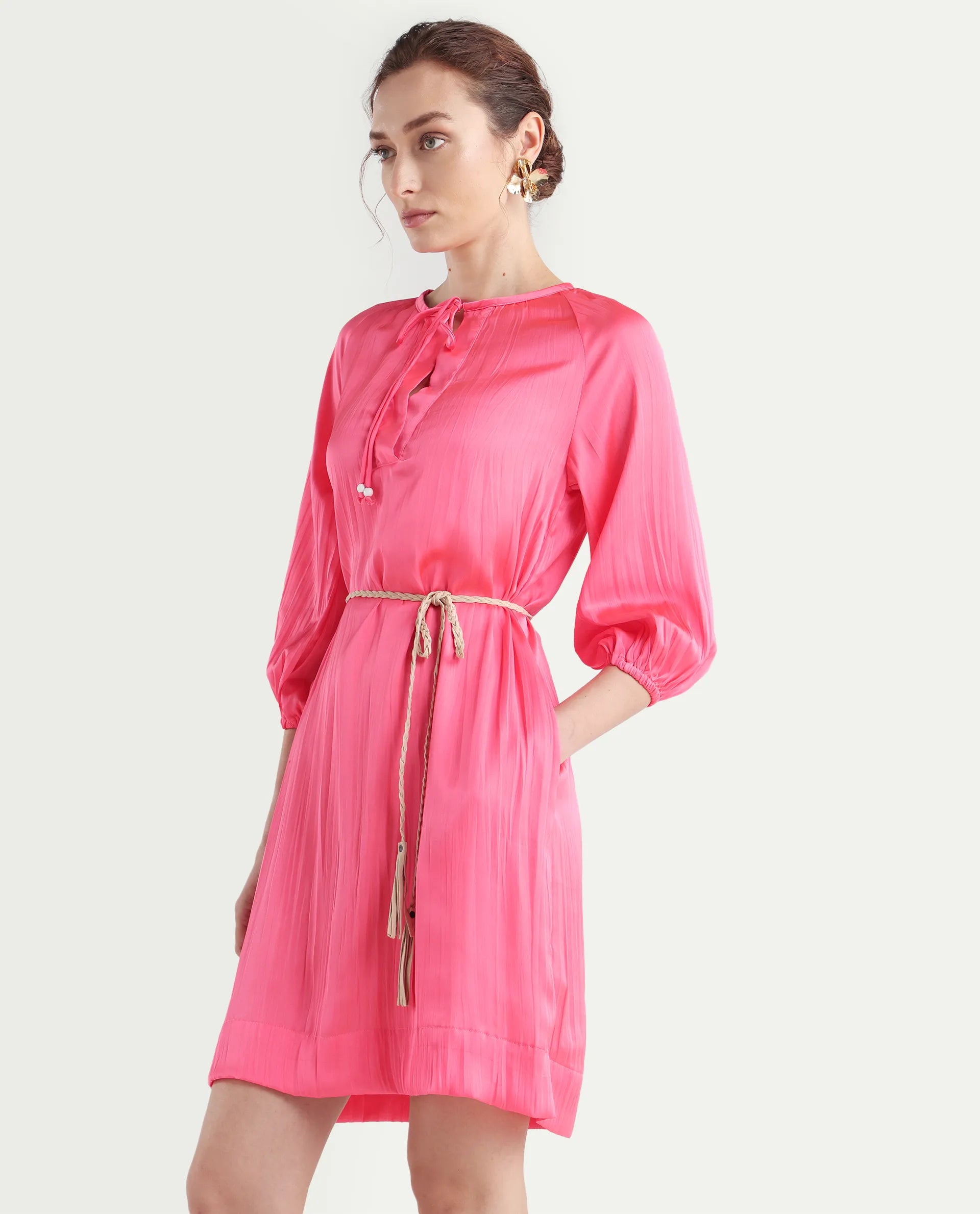 Rareism Women's Biere Flouroscent Pink Polyester Tie-Up Neck Plain Raglan Sleeve Mini Relaxed Fit Dress
