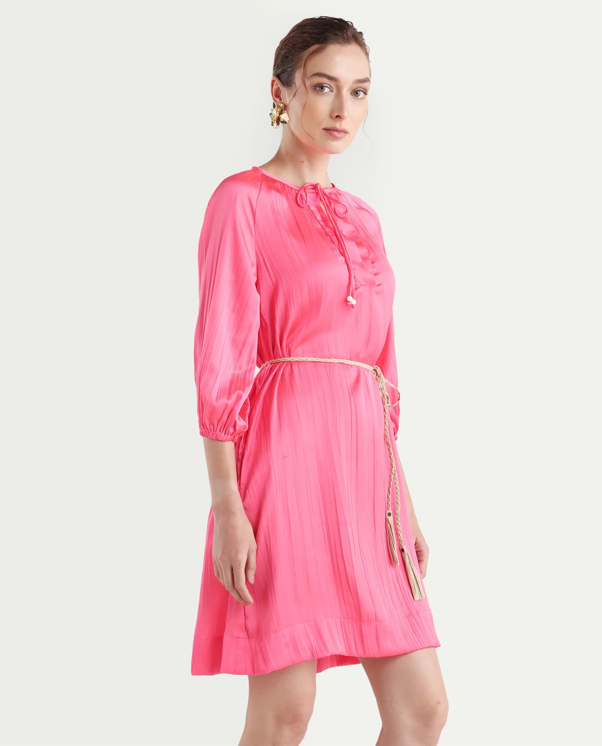 Rareism Women's Biere Flouroscent Pink Polyester Tie-Up Neck Plain Raglan Sleeve Mini Relaxed Fit Dress
