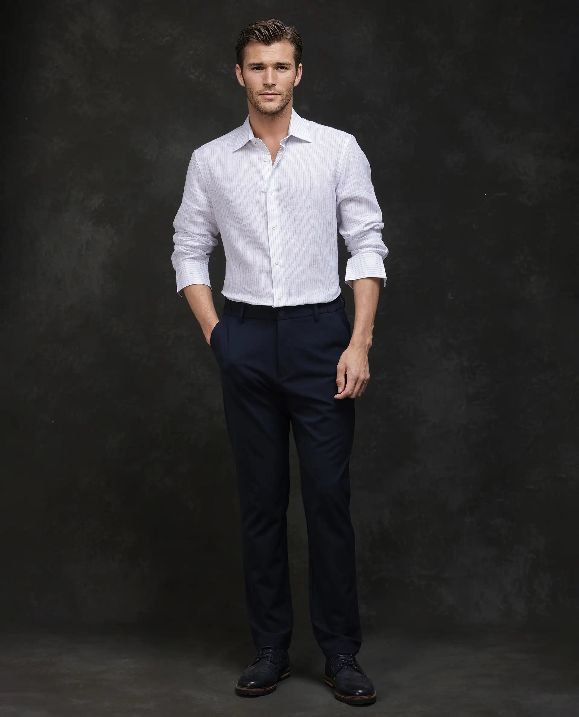 Rare Rabbit Men's Binc Blue Linen Blend Fabric Full Sleeve Spread Collar Regular Fit Striped Shirt