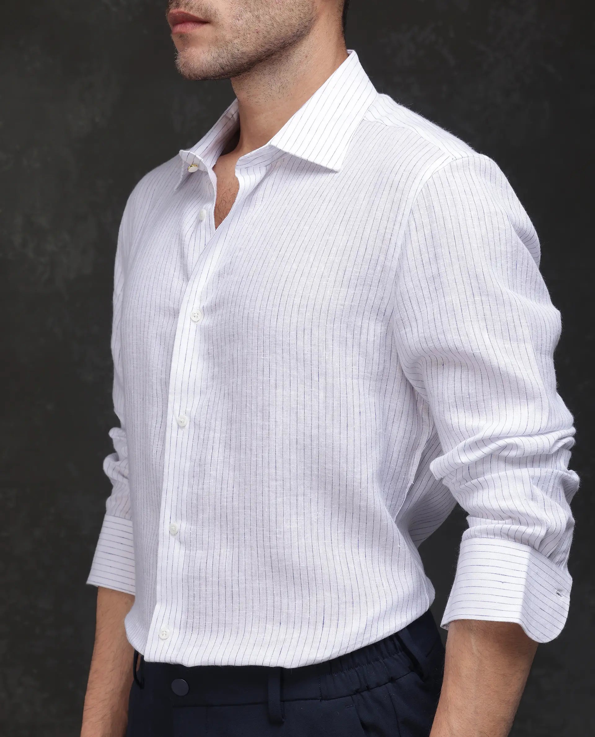 Rare Rabbit Men's Binc Blue Linen Blend Fabric Full Sleeve Spread Collar Regular Fit Striped Shirt