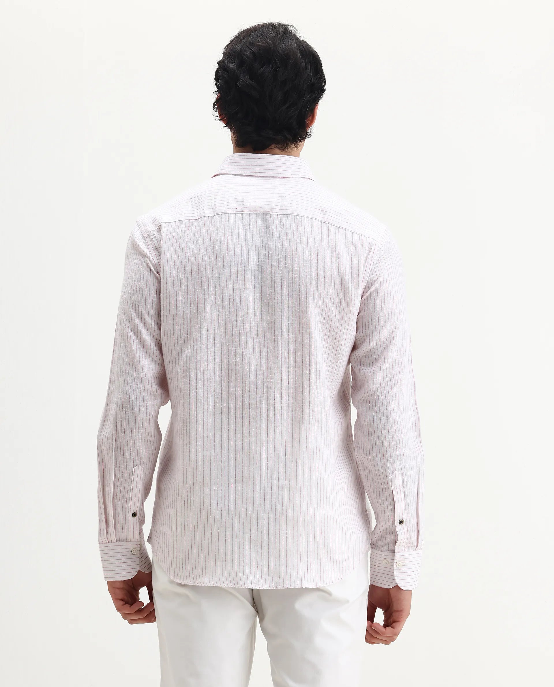 Rare Rabbit Men's Binc Pink Linen Blend Fabric Full Sleeve Spread Collar Regular Fit Striped Shirt