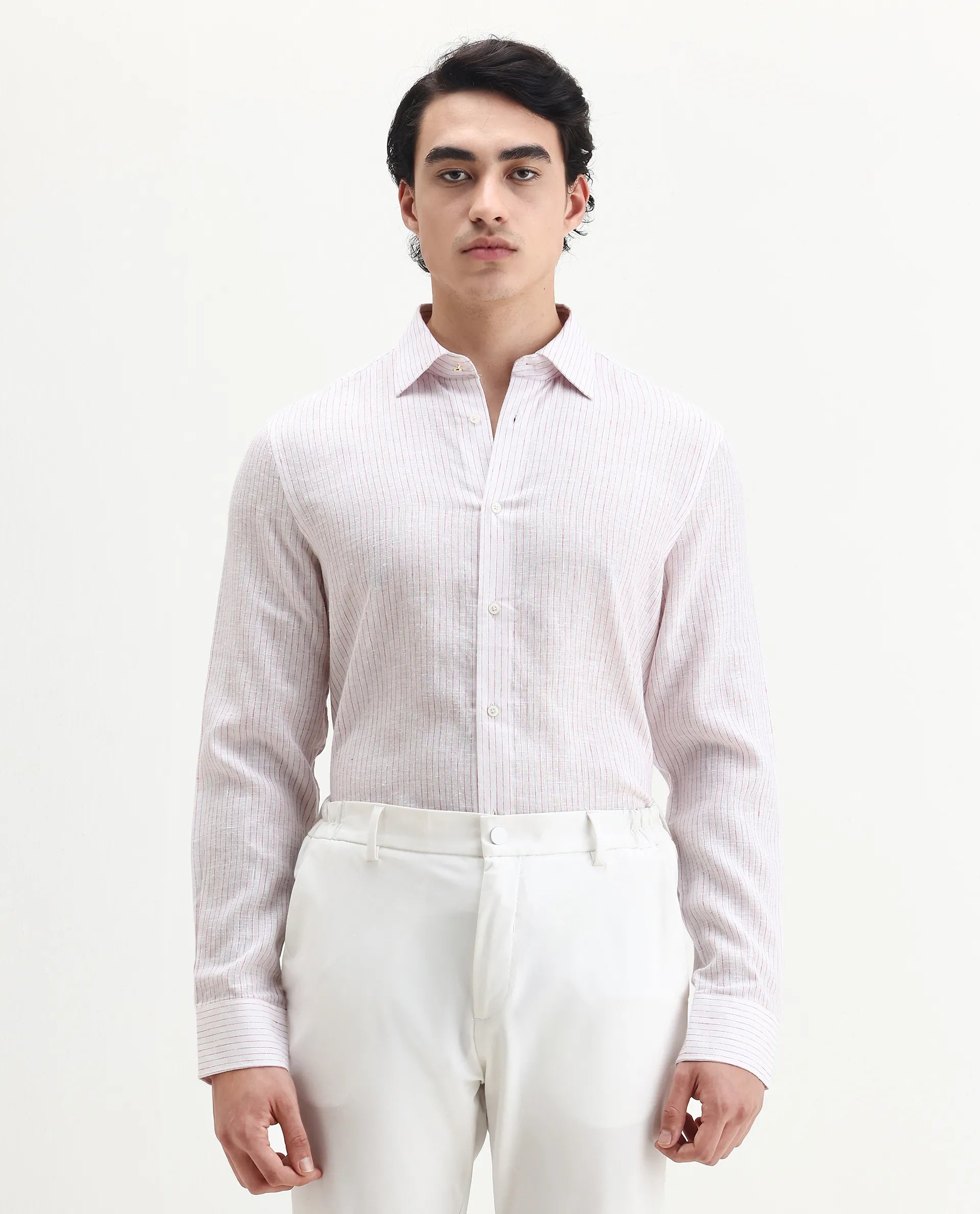 Rare Rabbit Men's Binc Pink Linen Blend Fabric Full Sleeve Spread Collar Regular Fit Striped Shirt