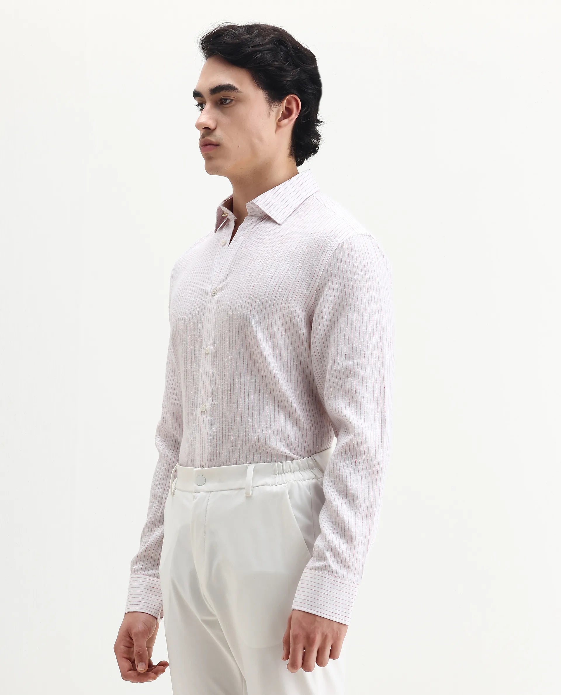 Rare Rabbit Men's Binc Pink Linen Blend Fabric Full Sleeve Spread Collar Regular Fit Striped Shirt