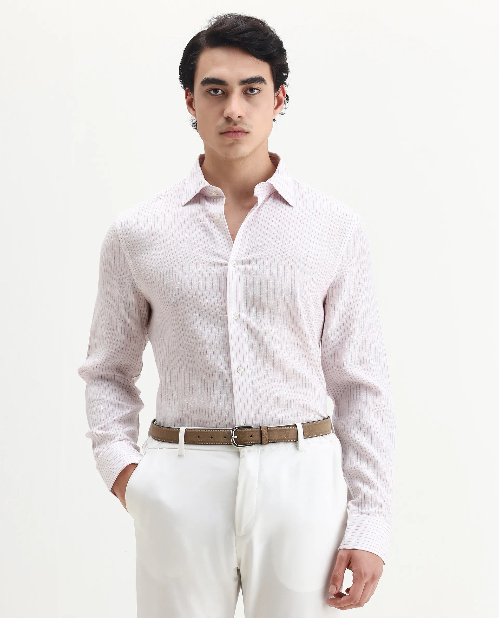 Rare Rabbit Men's Binc Pink Linen Blend Fabric Full Sleeve Spread Collar Regular Fit Striped Shirt