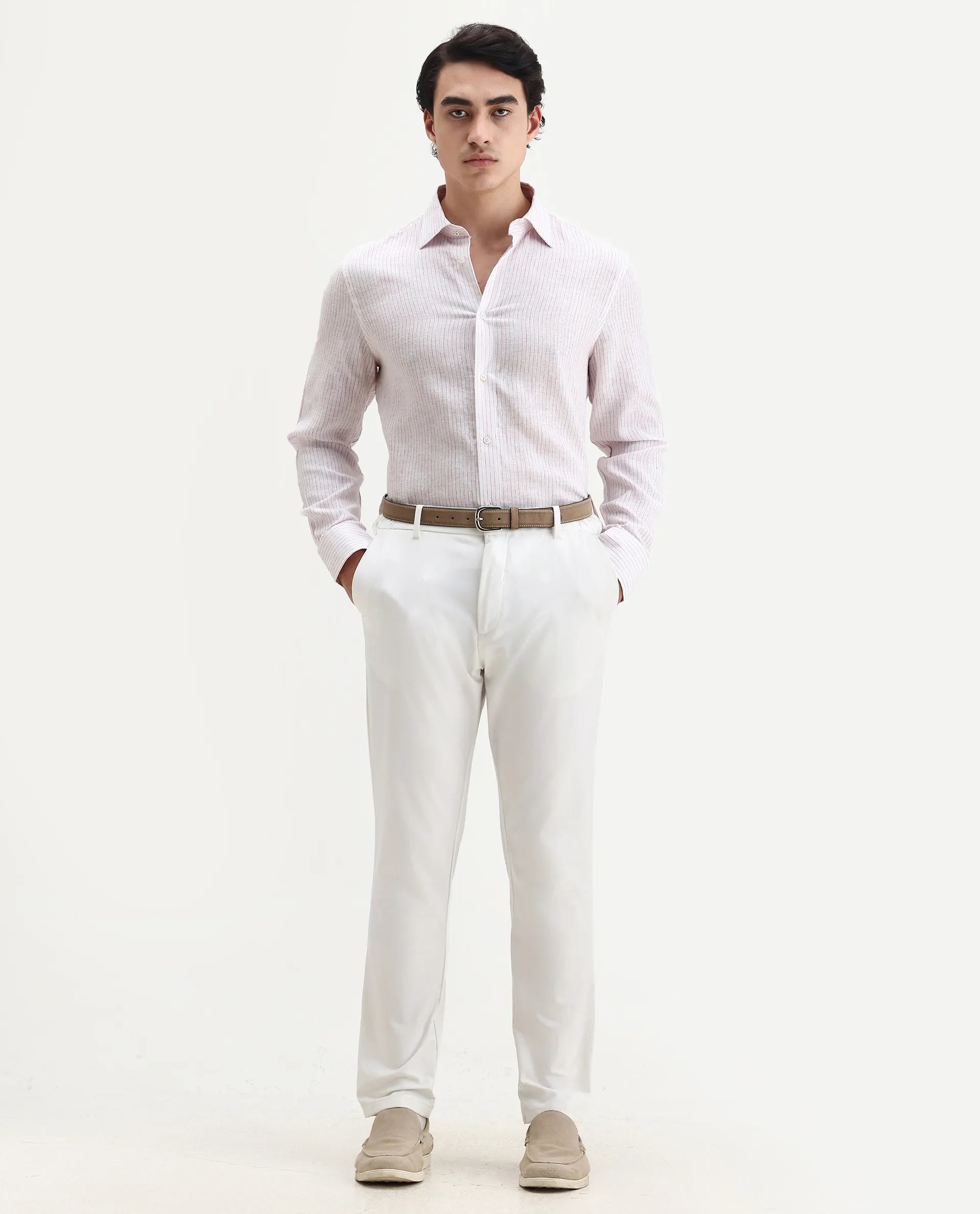 Rare Rabbit Men's Binc Pink Linen Blend Fabric Full Sleeve Spread Collar Regular Fit Striped Shirt