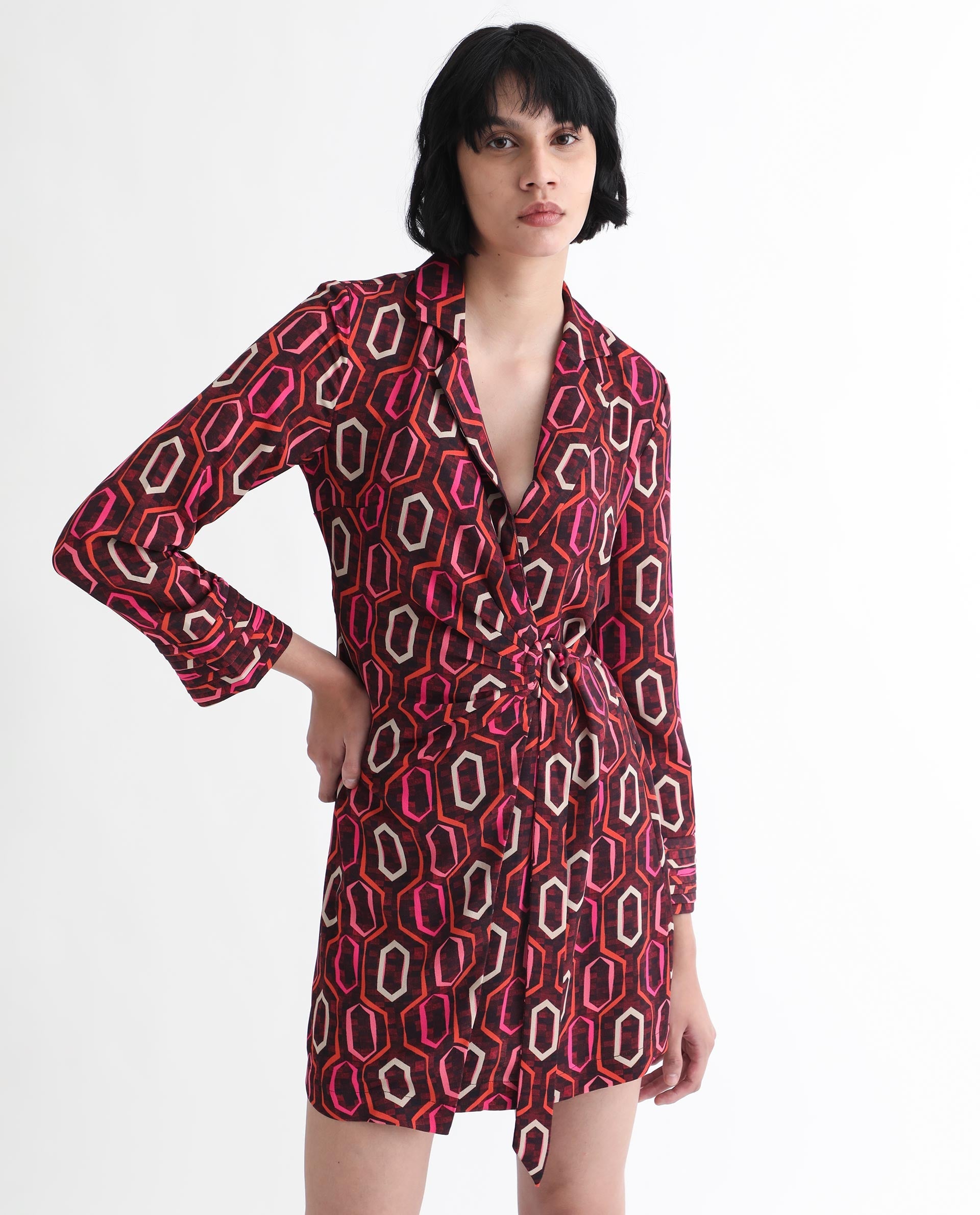 Rareism Women Binden Dark Brown Polyester Fabric 3/4Th Sleeves Tie-Up Closure Lapel Neck Cuffed Sleeve Relaxed Fit Geometric Print Short Wrap Dress