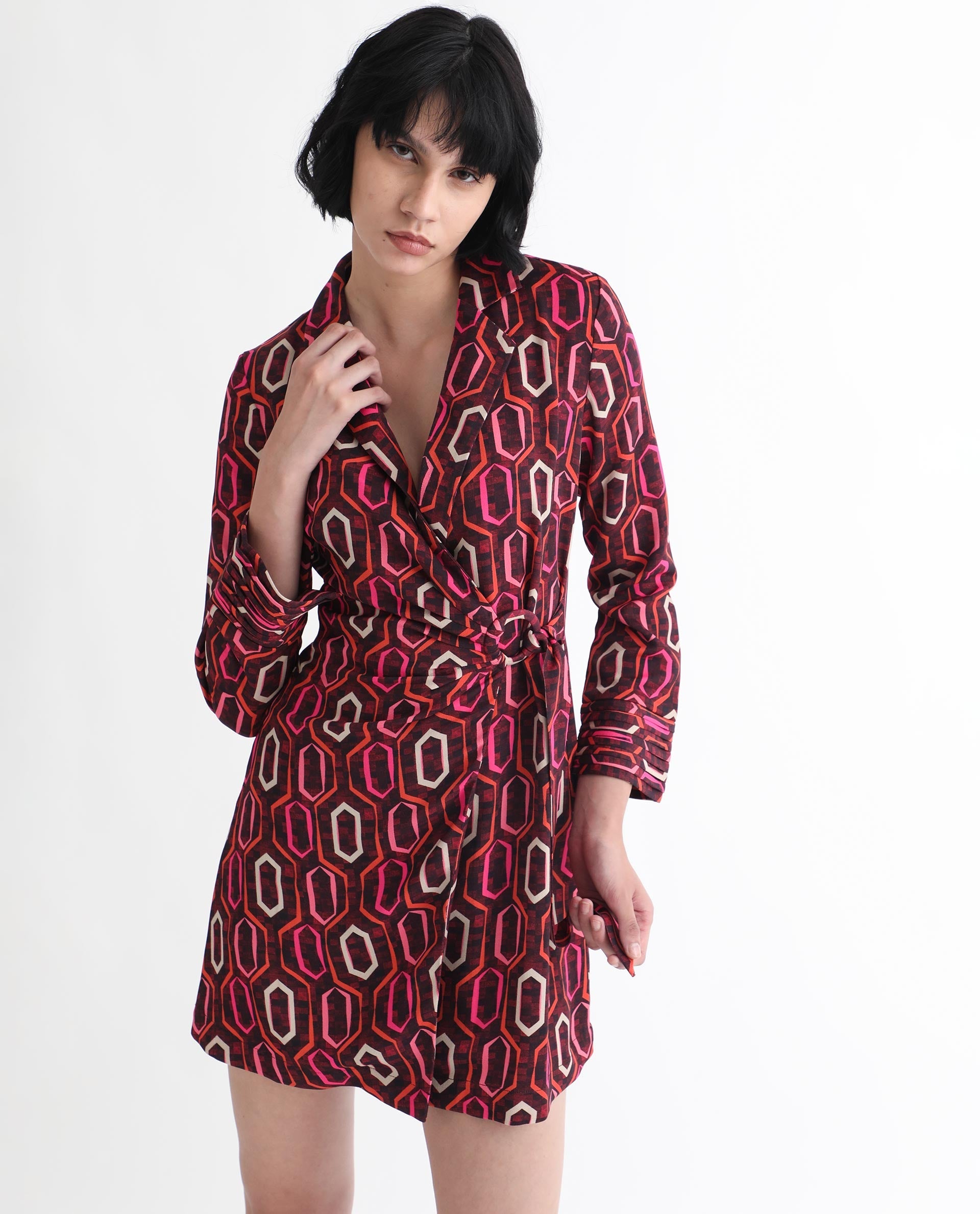 Rareism Women Binden Dark Brown Polyester Fabric 3/4Th Sleeves Tie-Up Closure Lapel Neck Cuffed Sleeve Relaxed Fit Geometric Print Short Wrap Dress