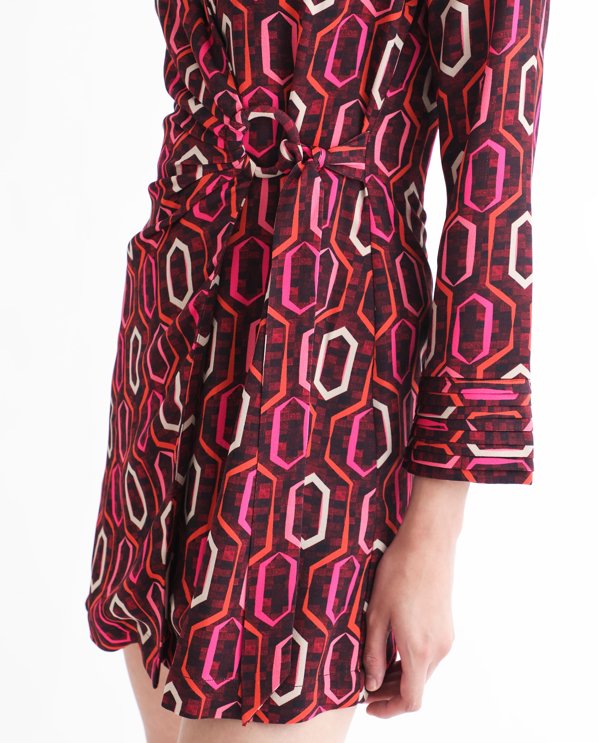 Rareism Women Binden Dark Brown Polyester Fabric 3/4Th Sleeves Tie-Up Closure Lapel Neck Cuffed Sleeve Relaxed Fit Geometric Print Short Wrap Dress