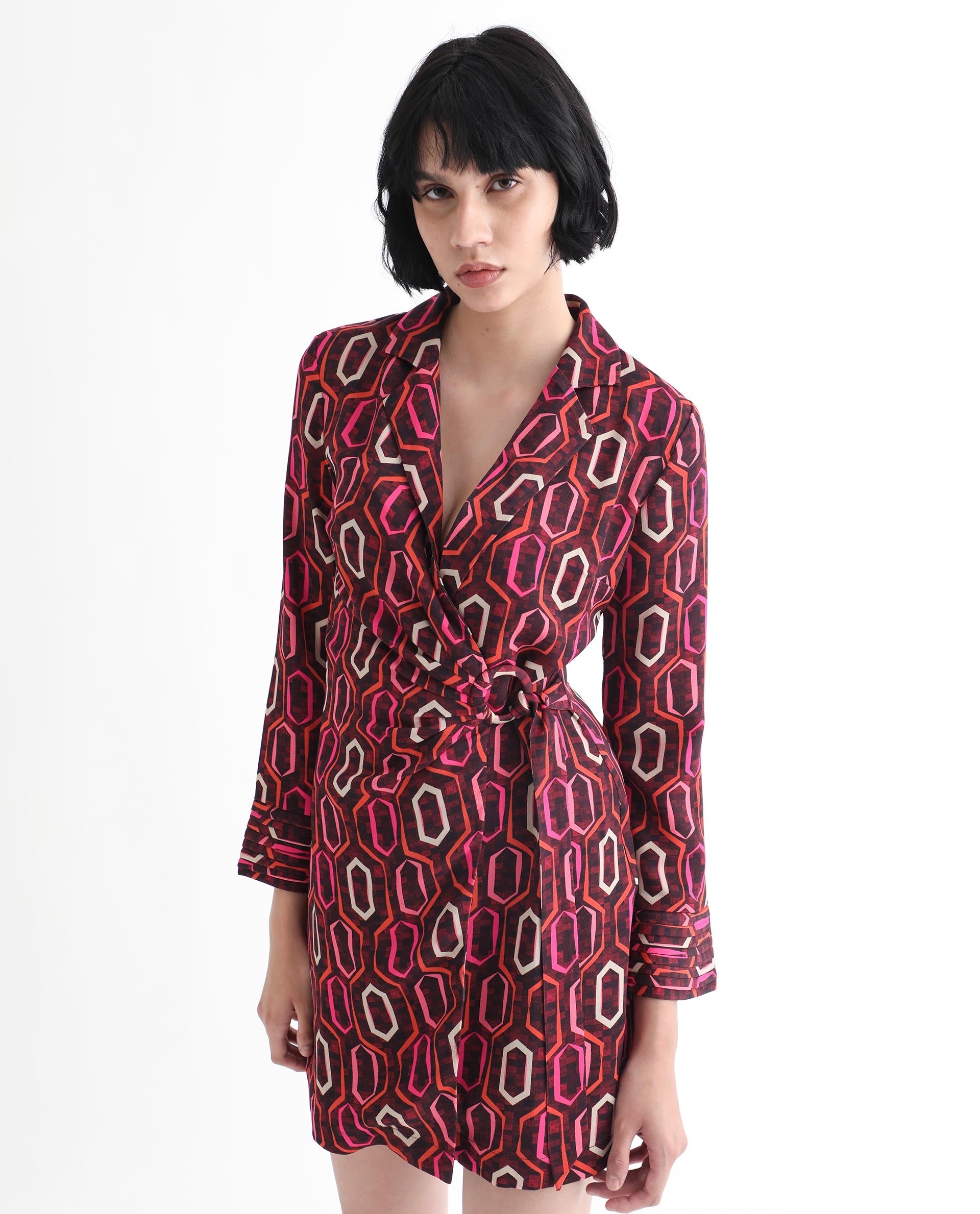 Rareism Women Binden Dark Brown Polyester Fabric 3/4Th Sleeves Tie-Up Closure Lapel Neck Cuffed Sleeve Relaxed Fit Geometric Print Short Wrap Dress