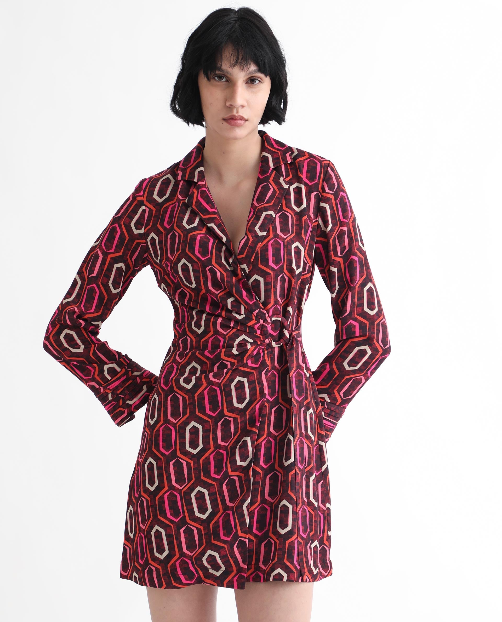 Rareism Women Binden Dark Brown Polyester Fabric 3/4Th Sleeves Tie-Up Closure Lapel Neck Cuffed Sleeve Relaxed Fit Geometric Print Short Wrap Dress