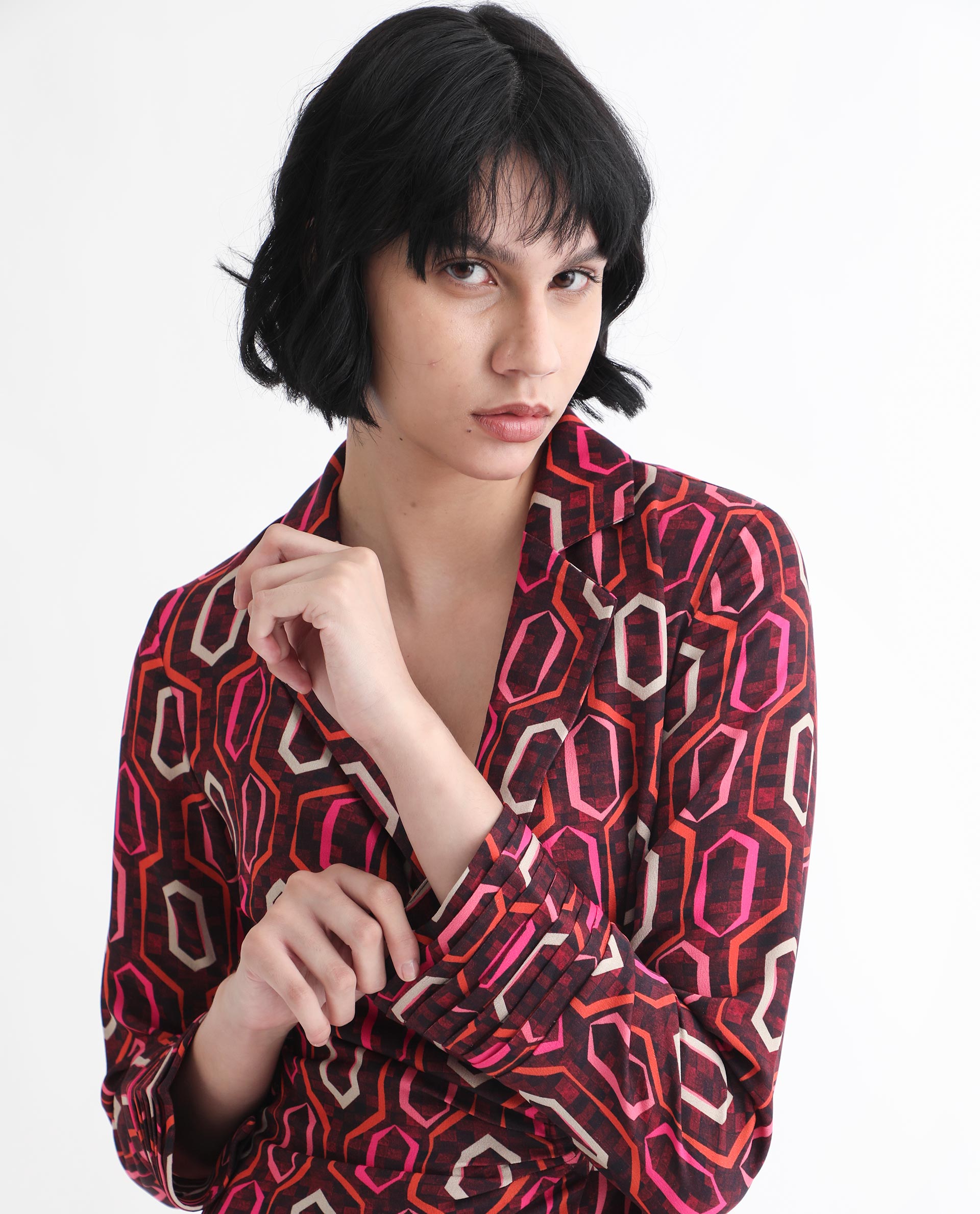 Rareism Women Binden Dark Brown Polyester Fabric 3/4Th Sleeves Tie-Up Closure Lapel Neck Cuffed Sleeve Relaxed Fit Geometric Print Short Wrap Dress