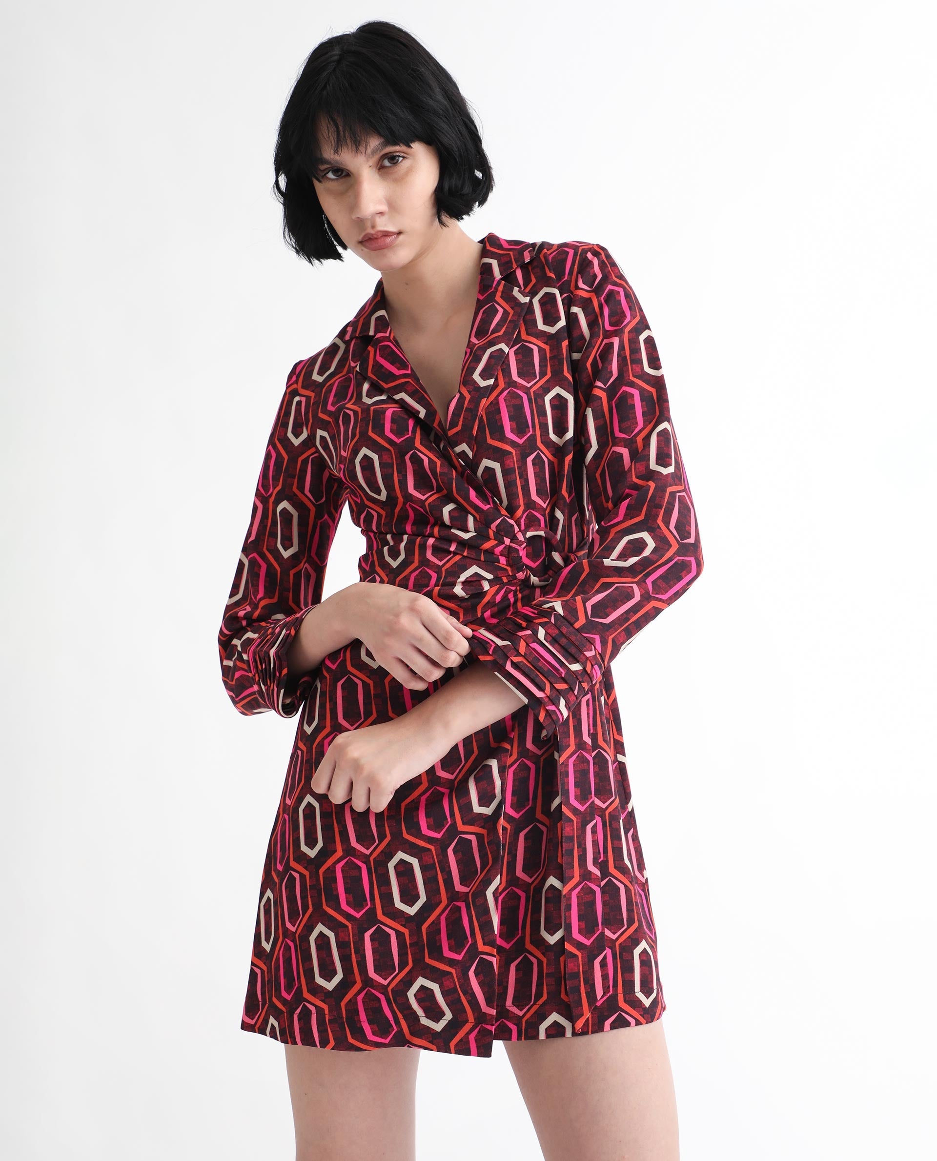 Rareism Women Binden Dark Brown Polyester Fabric 3/4Th Sleeves Tie-Up Closure Lapel Neck Cuffed Sleeve Relaxed Fit Geometric Print Short Wrap Dress