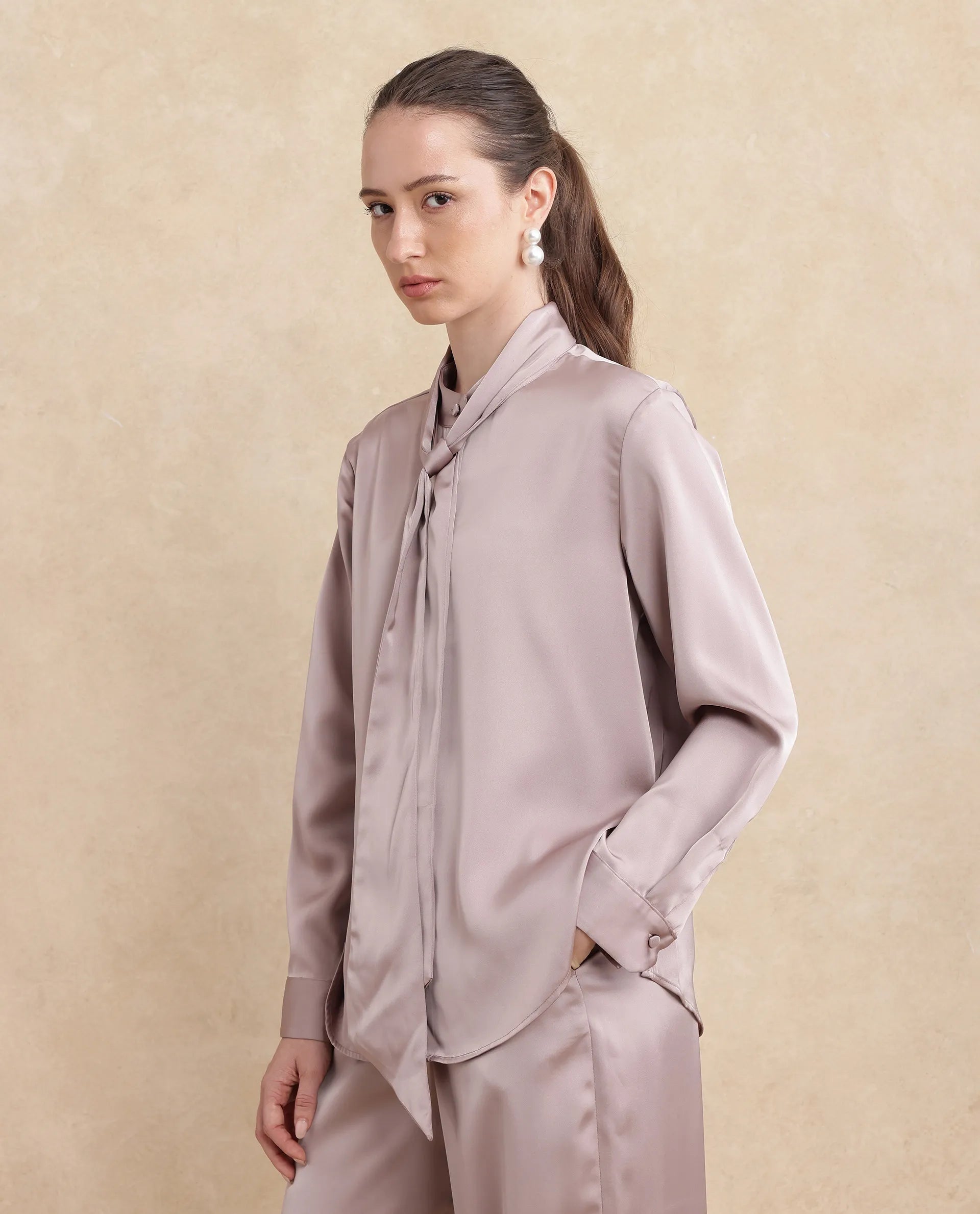Rareism Women Bingol Dusky Beige Full Sleeve Plain Shirt