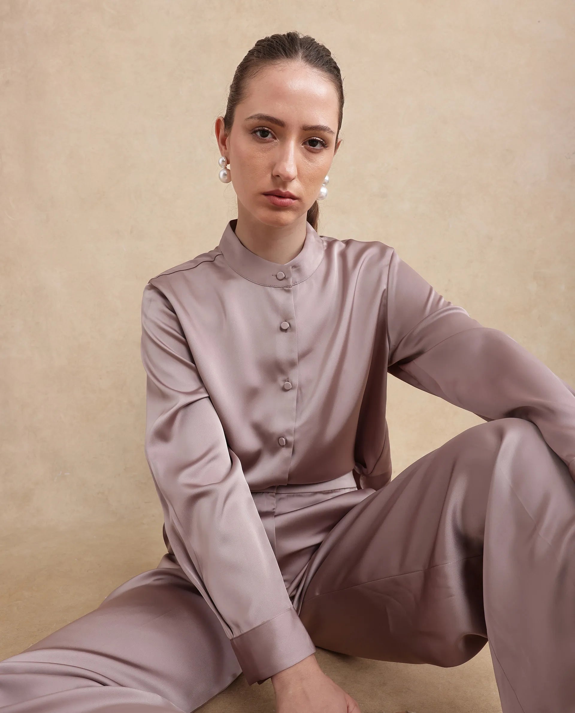 Rareism Women's Bingol Dusky Beige Polyester Mandarin Collar Plain Cuffed Sleeve Regular Fit Shirt