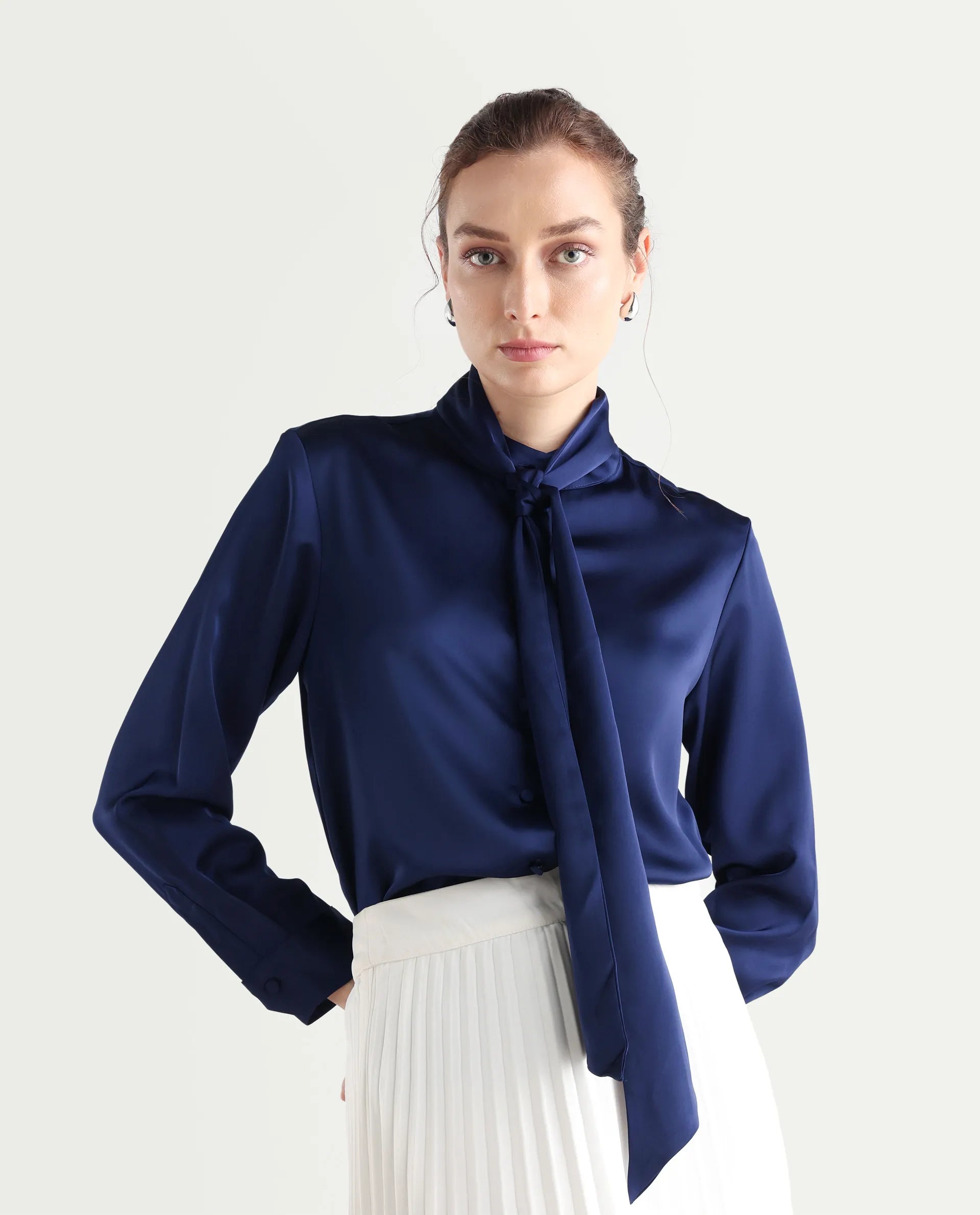 Rareism Women's Bingol Navy Polyester Mandarin Collar Plain Cuffed Sleeve Regular Fit Shirt