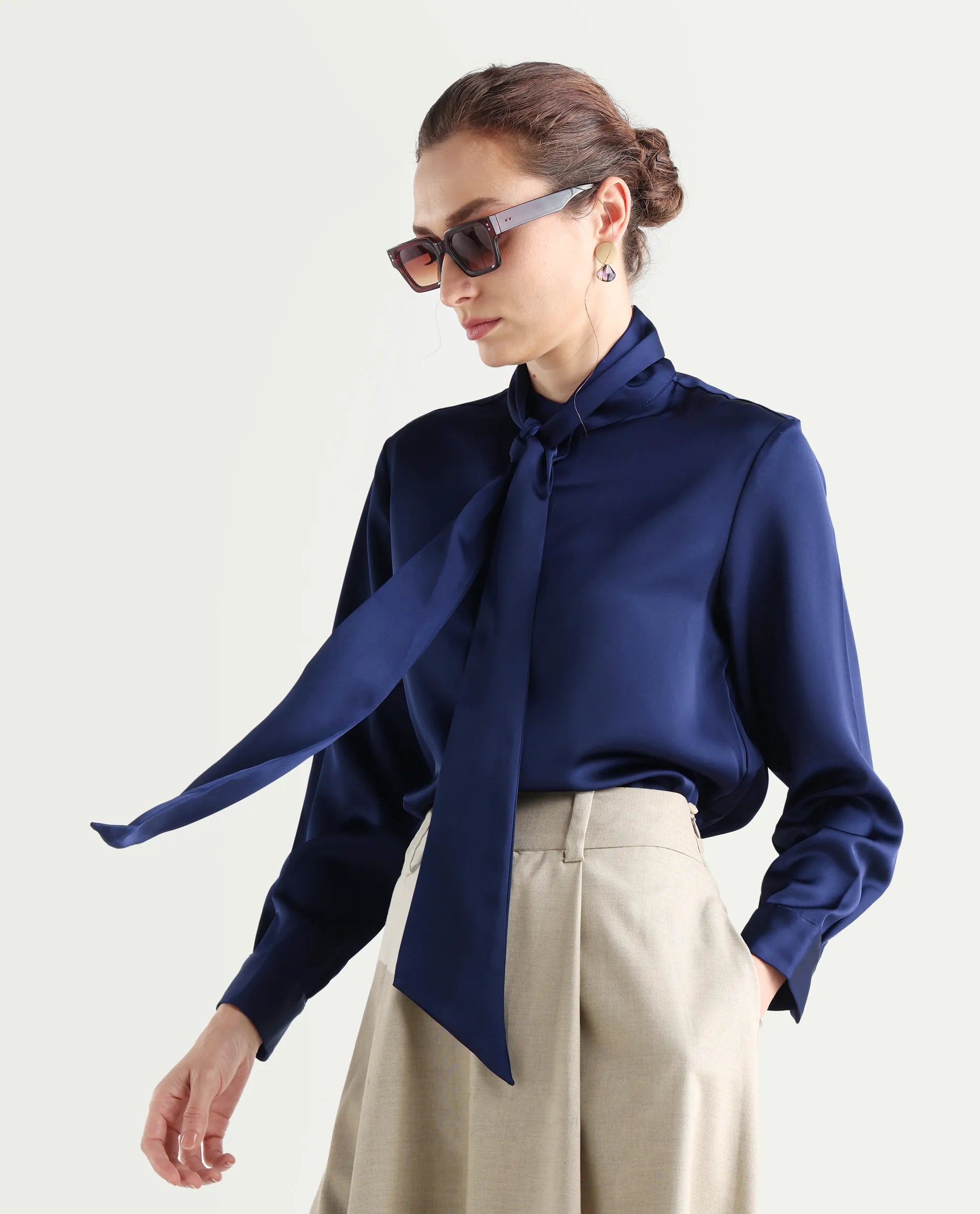 Rareism Women's Bingol Navy Polyester Mandarin Collar Plain Cuffed Sleeve Regular Fit Shirt