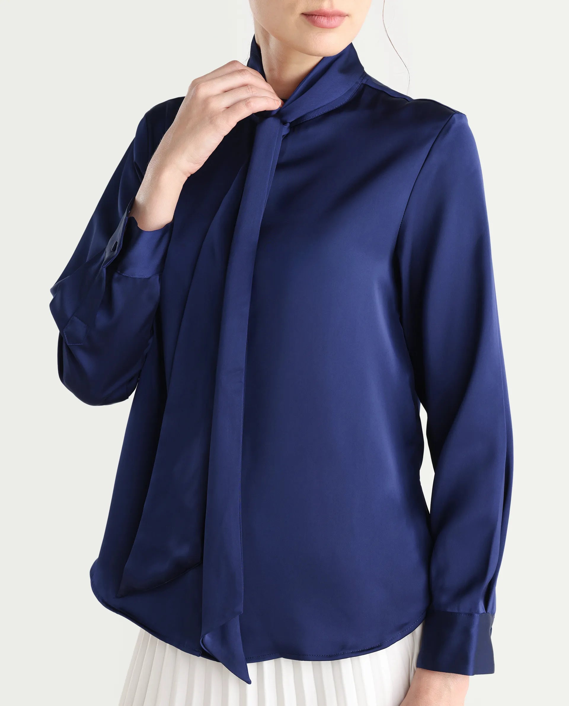 Rareism Women's Bingol Navy Polyester Mandarin Collar Plain Cuffed Sleeve Regular Fit Shirt