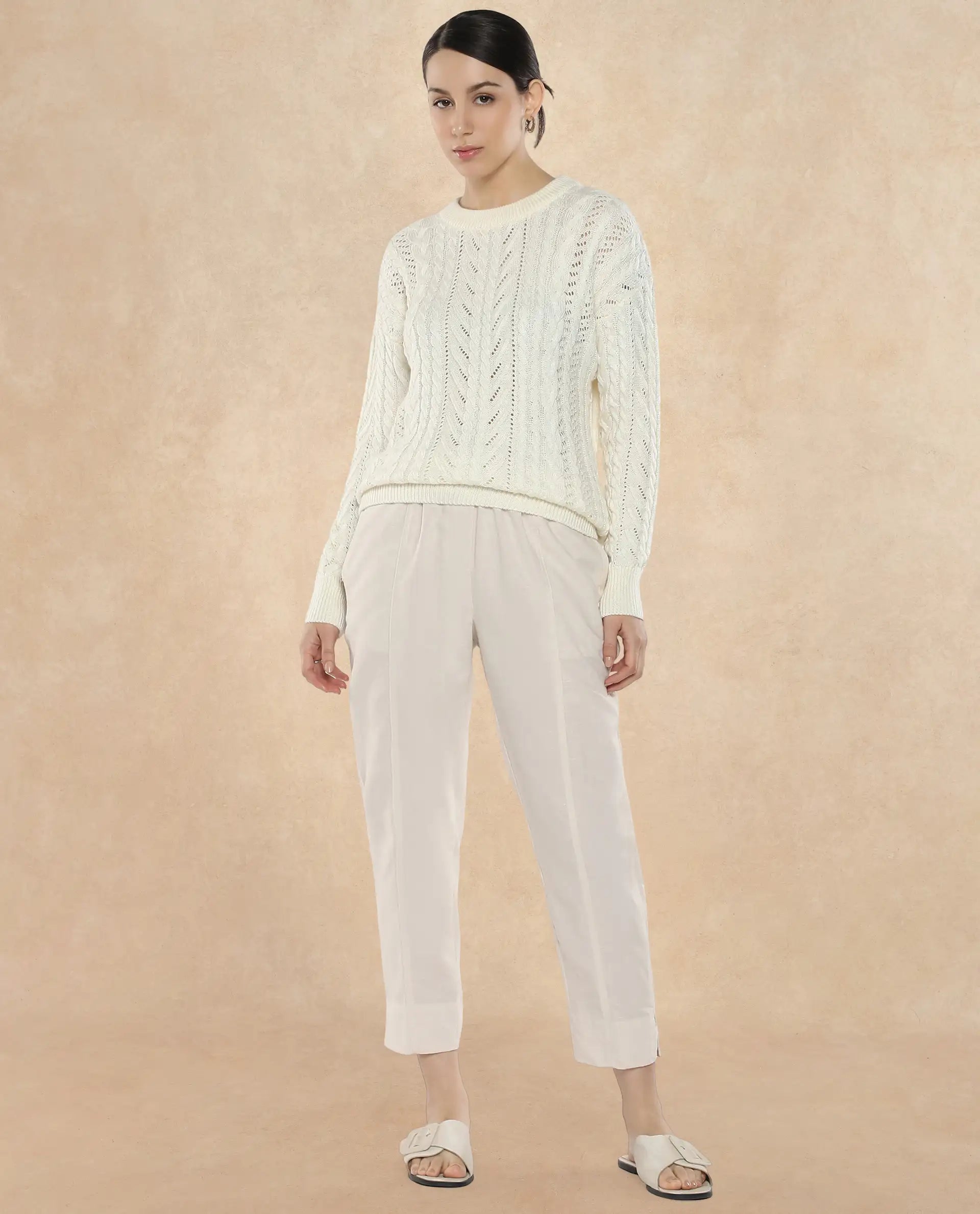 Rareism Women Bintono Off White Tapered Fit Plain Ankle Length Trouser