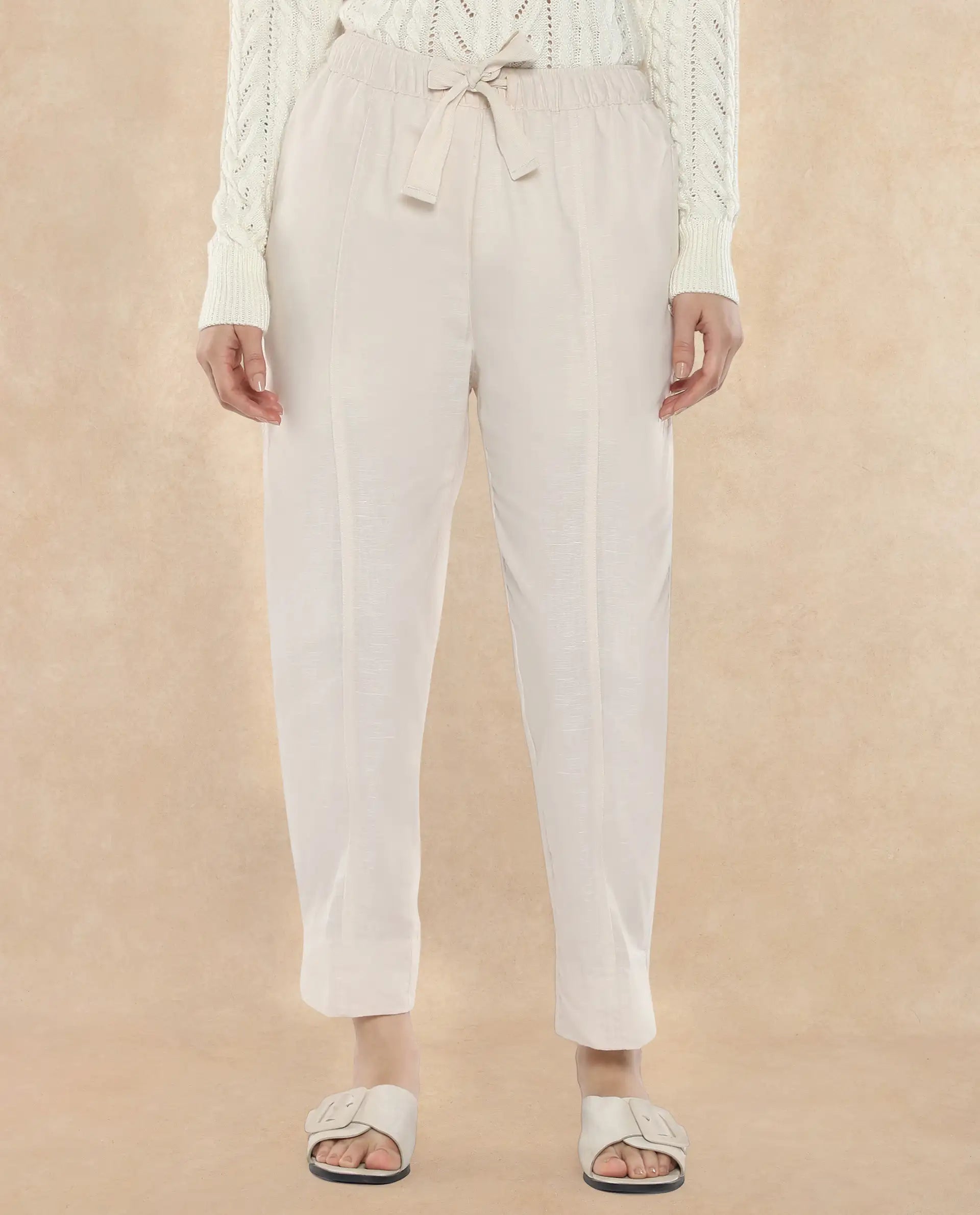 Rareism Women Bintono Off White Tapered Fit Plain Ankle Length Trouser