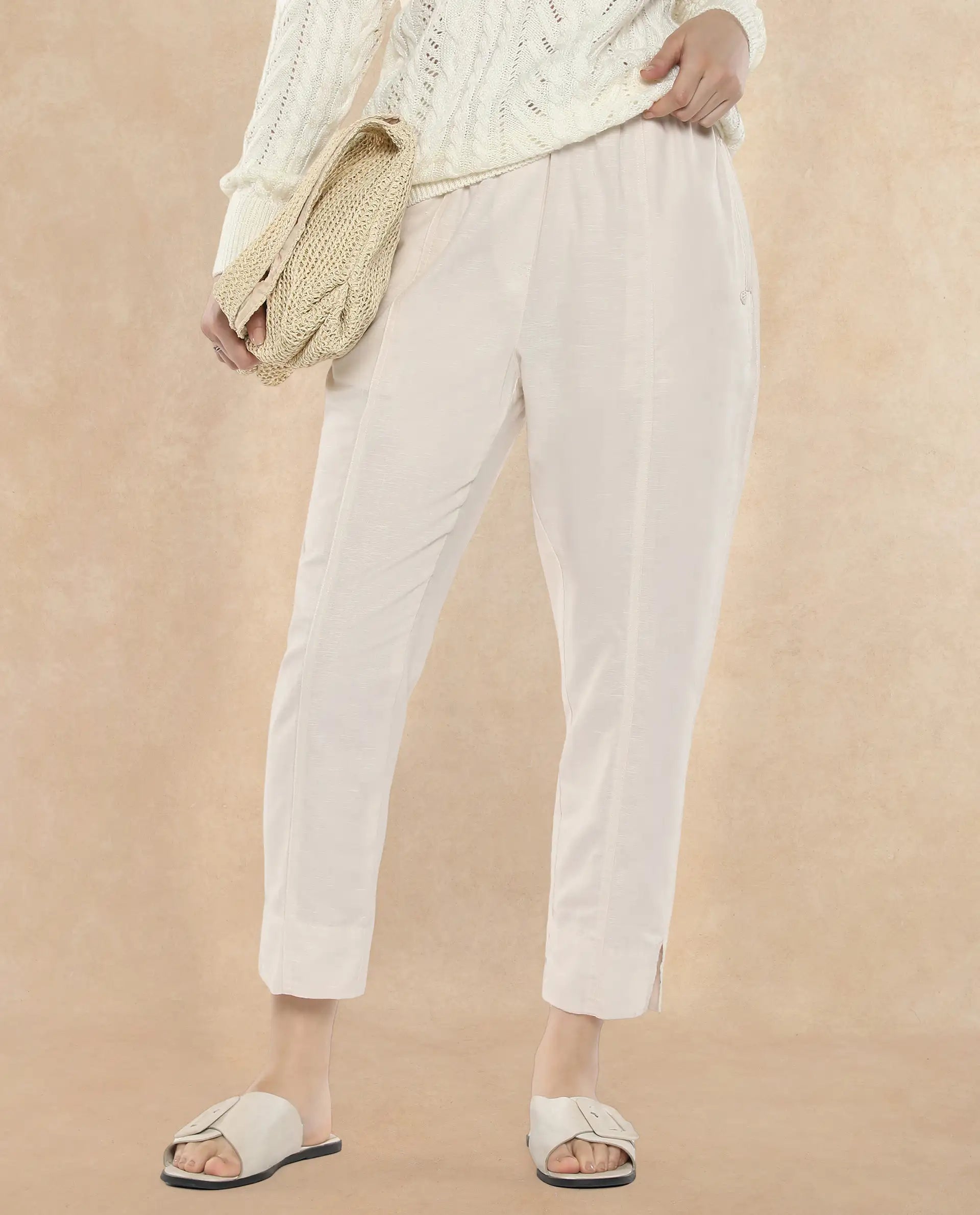 Rareism Women Bintono Off White Tapered Fit Plain Ankle Length Trouser