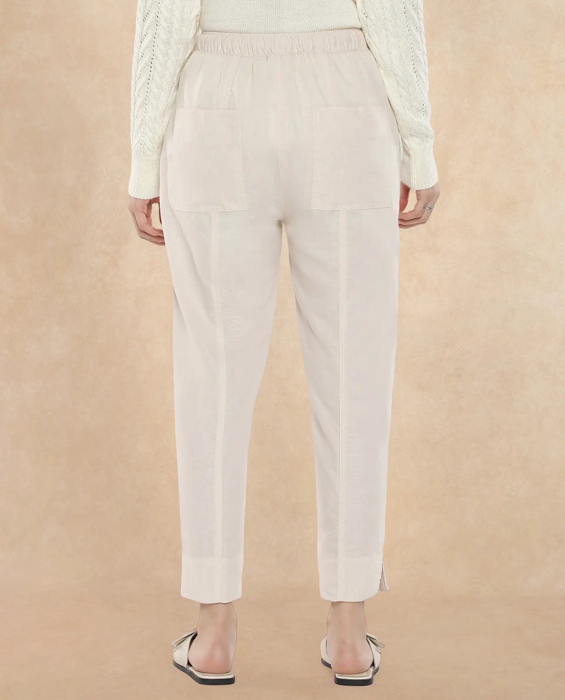 Rareism Women Bintono Off White Tapered Fit Plain Ankle Length Trouser