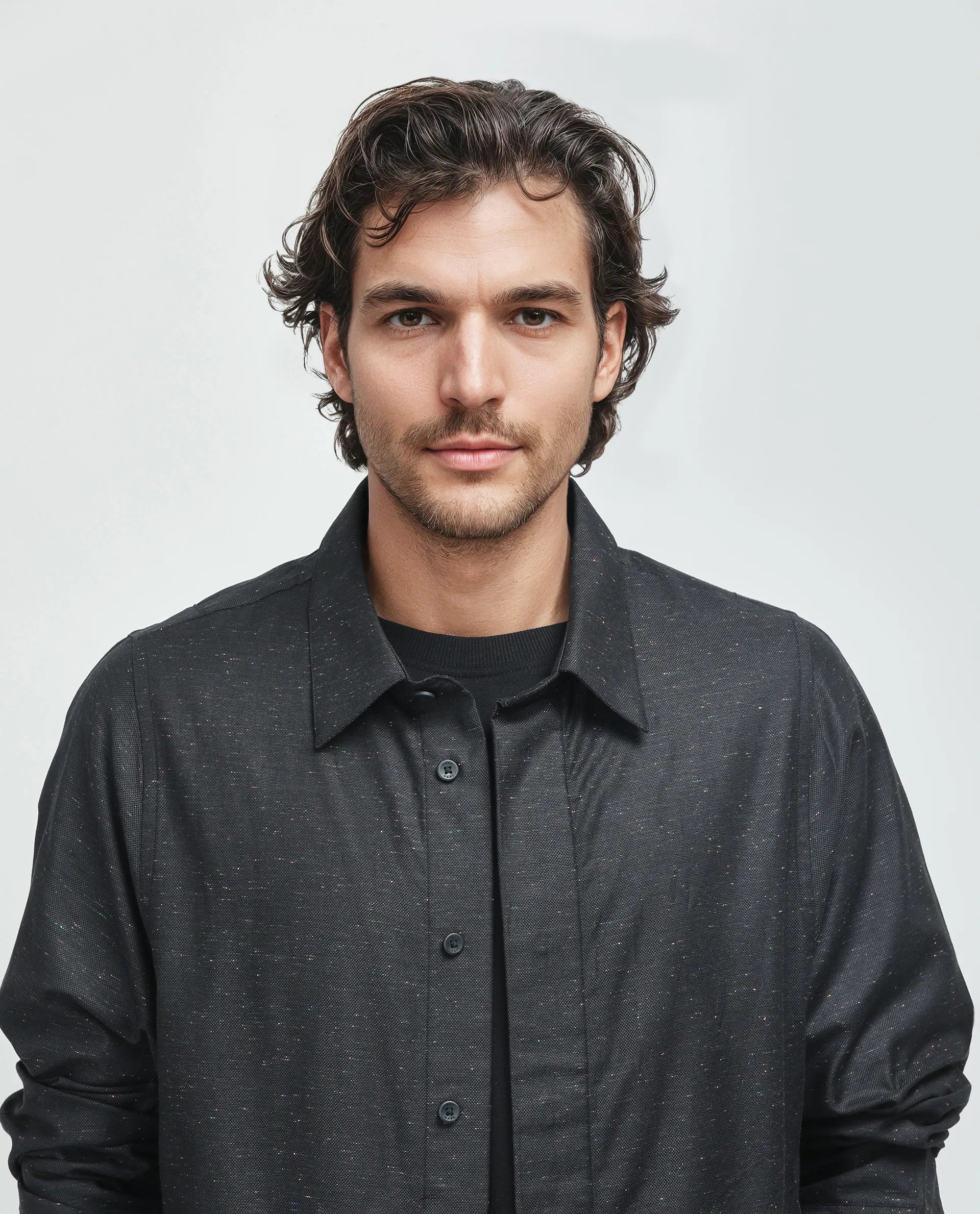 Rare Rabbit Men's Biot-S Black Cotton Blend Fabric Full Sleeve Collared Neck Plain Shacket