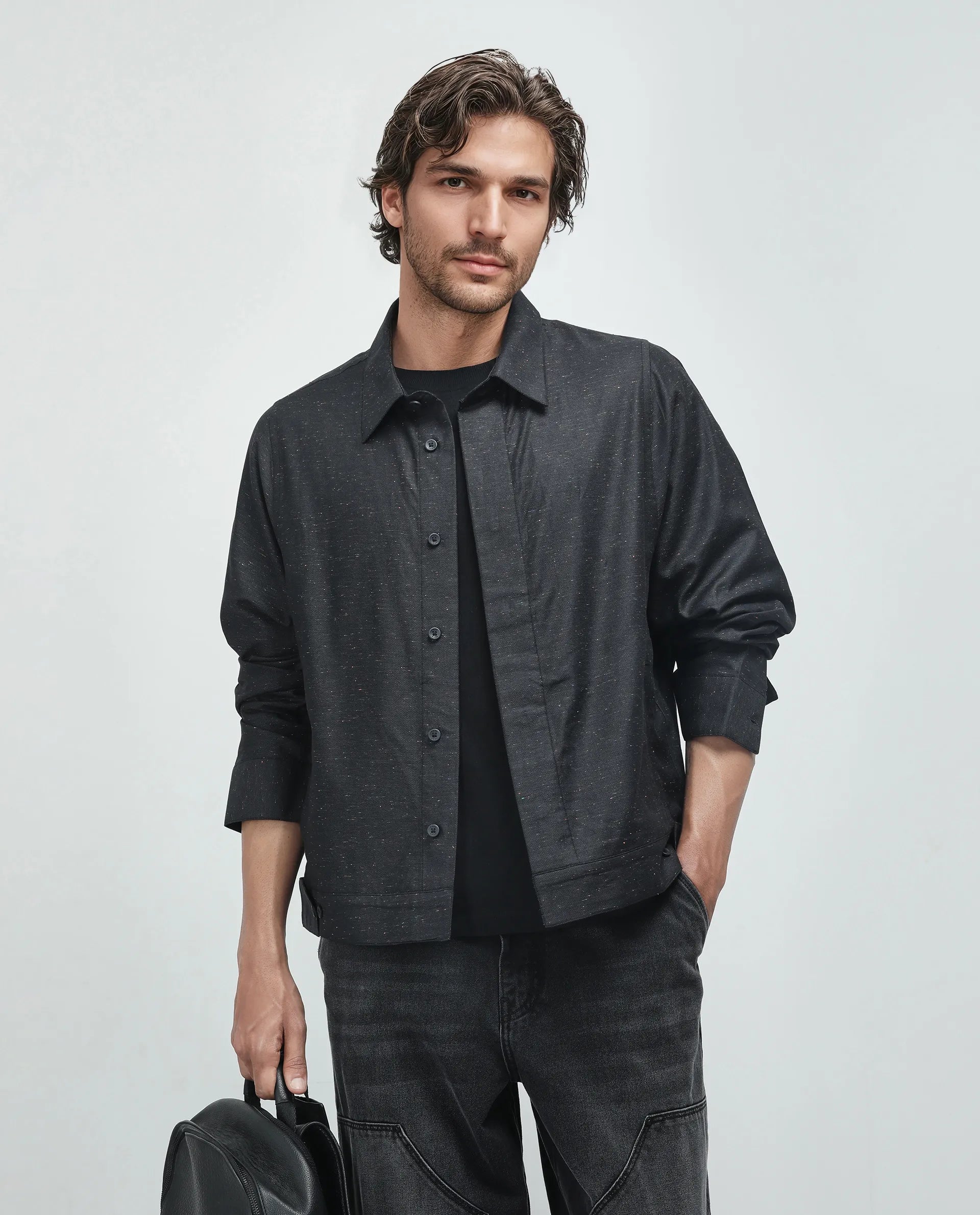 Rare Rabbit Men's Biot-S Black Cotton Blend Fabric Full Sleeve Collared Neck Plain Shacket