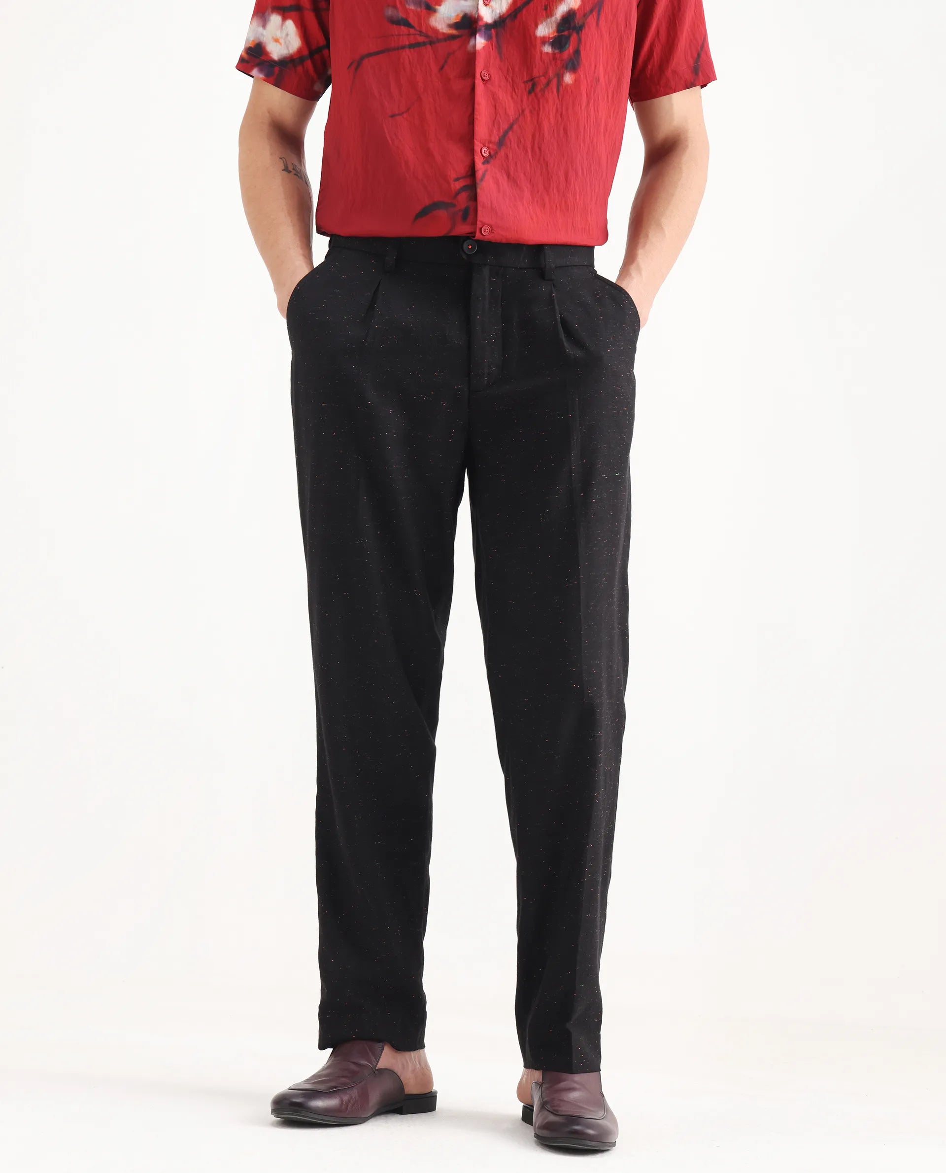 Rare Rabbit Men's Biot Black Cotton Blend Plain Relaxed Fit Trouser