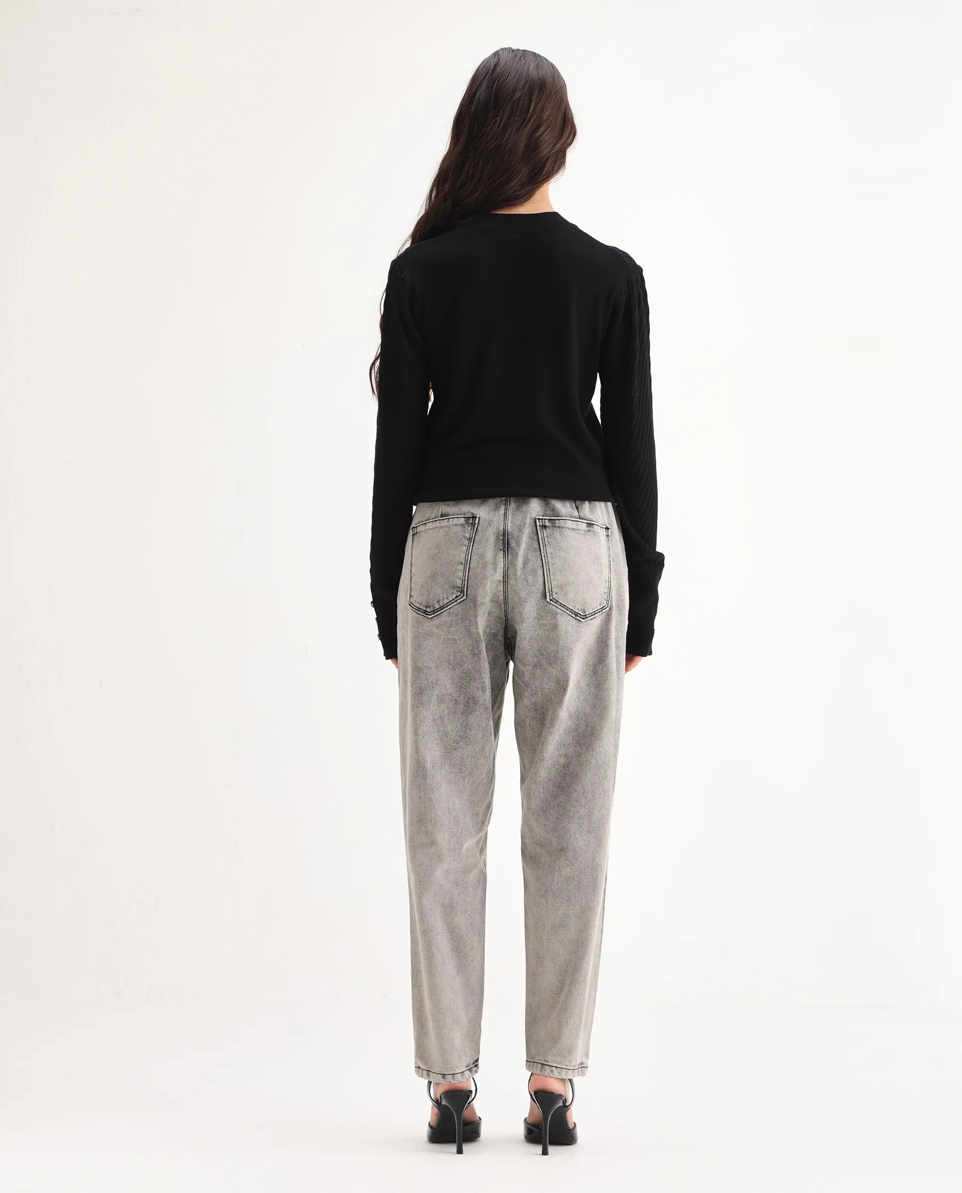 Rareism Women's Birdwing Black Cotton Blend Plain Ankle Length Tailored Jeans