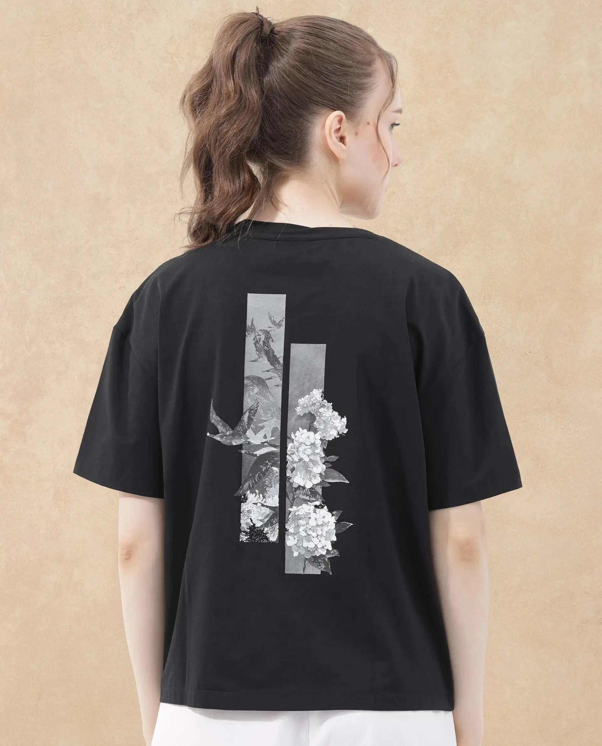 Rareism Women Birdy Black Cotton Elastane Fabric Crew Neck Knit Solid T-Shirt